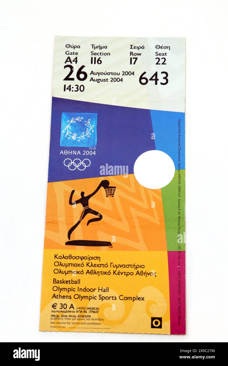 Ticket für Basketball bei den Olympischen Sommerspielen Athen 2004 Stockfoto
