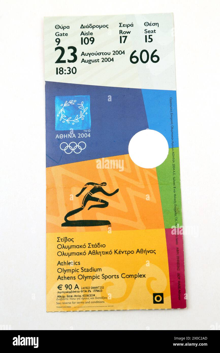 Ticket für Leichtathletik bei den Olympischen Sommerspielen Athen 2004 Stockfoto