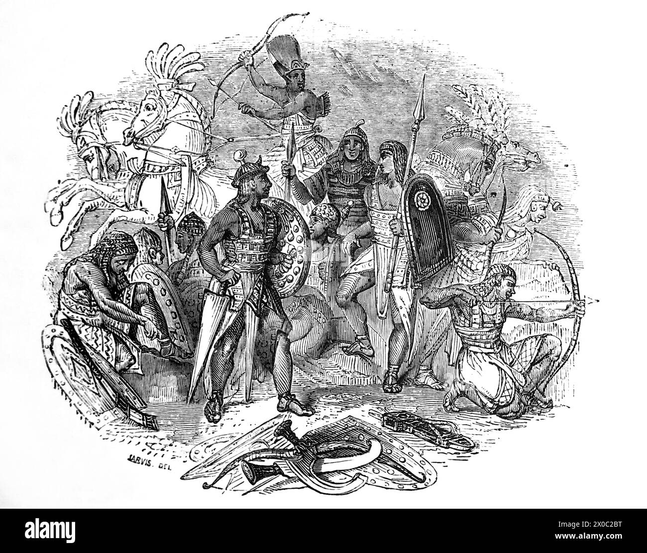 Holzgravierung von ägyptischen Soldaten verschiedener Korps, einige mit Bogen und Pfeil, andere mit Speeren und Schilden Stockfoto