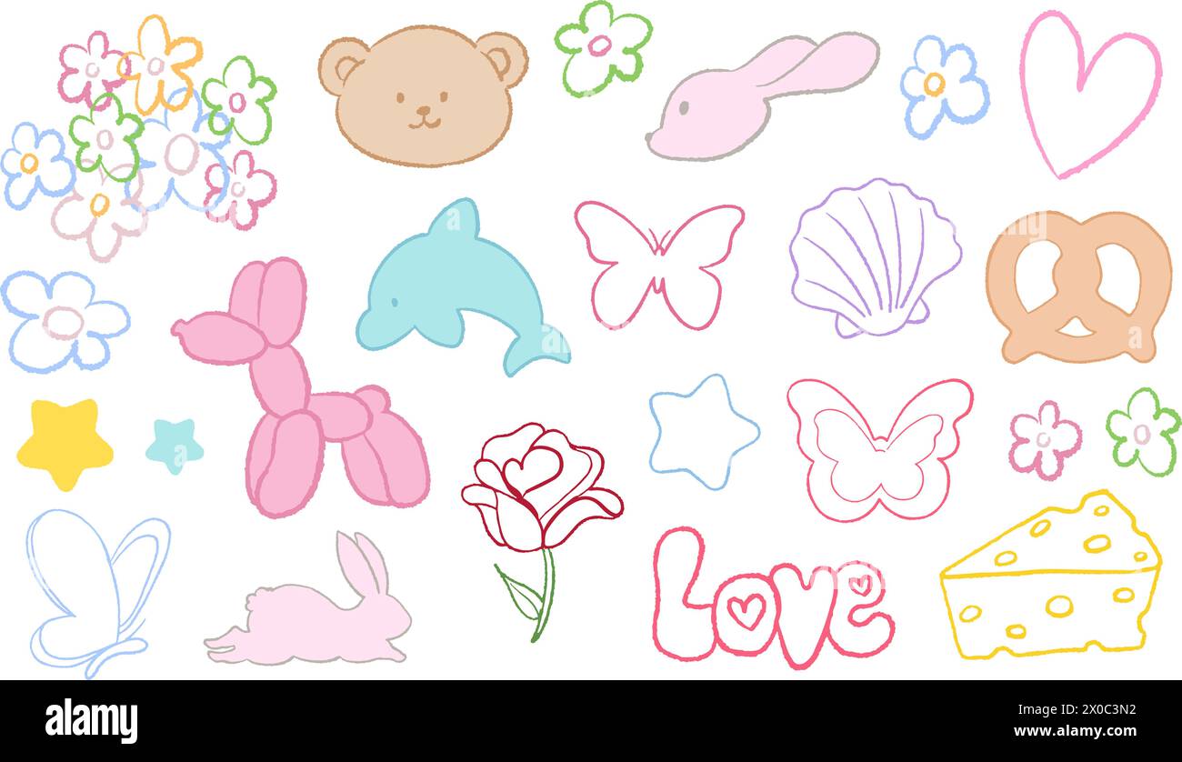 Niedliche Buntstifte Illustrationen von Blumen, Hundeballon, Teddybär, Hase, Schmetterling, delfin, Herz, Schale, Brezel, Käse, Rose, Stern für Sommerelement Stock Vektor