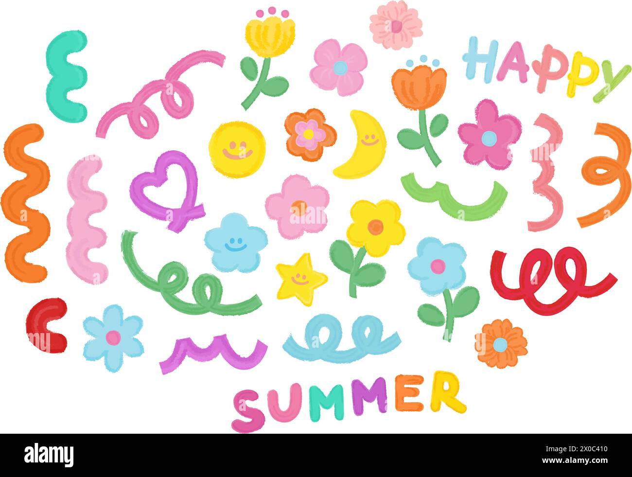 Sommer Buntstift Illustrationen von abstrakten Kritzelelementen, Konfetti, Blumen, Herz, Happy Fonts, Mond für Dekorationen, Hemddruck, Logo, Icon, Aufkleber Stock Vektor