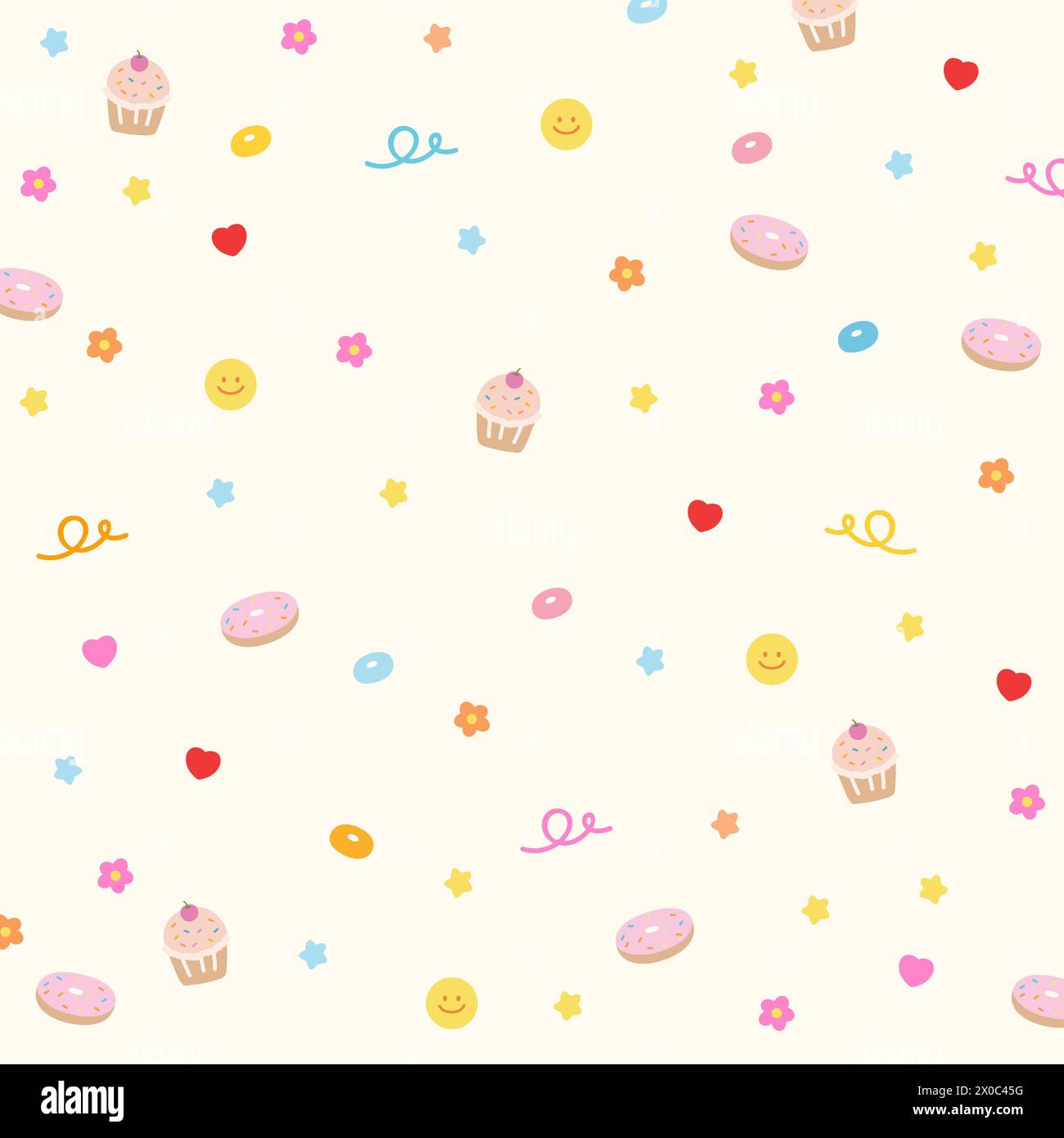 Cupcake, Donut, Blume, Herz Hintergrund für Geburtstagskarte, süße Dessert Tapete, Verpackung, Muster, Café, Restaurant, Menüdekoration, Rezept Stock Vektor