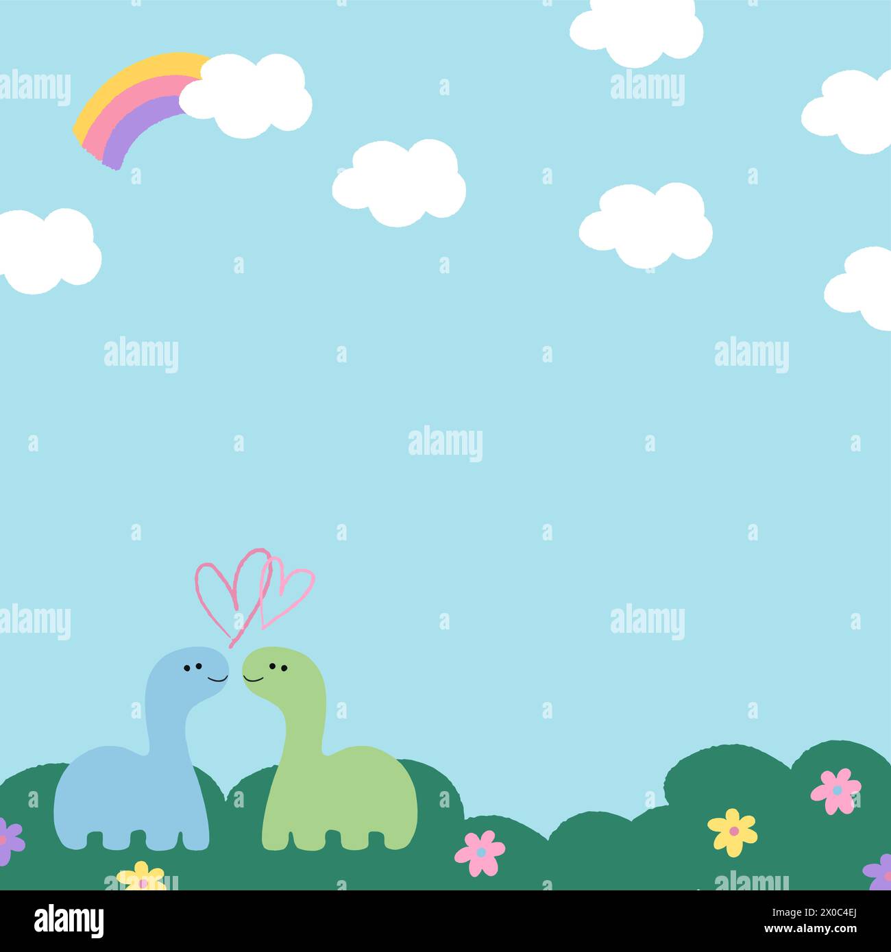 Hand gezeichnete Dinosaurier mit blauem Himmel, Wolke, Regenbogen für Hintergrund, Hintergrund, Tapete, Banner, Anzeigenvorlage, Cover-Design, Broschüre, Cartoon, Maskottchen Stock Vektor