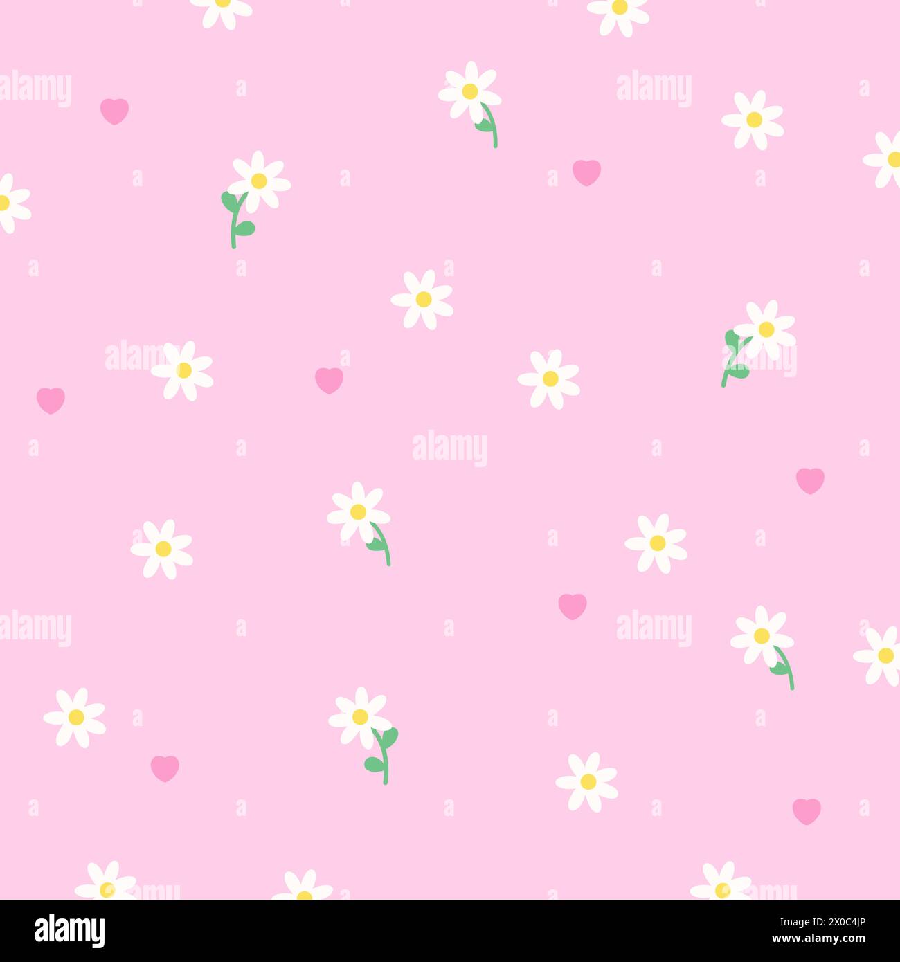 Weiße Blumen und Herzen auf einem rosa Hintergrund für Sommertapete, Stoffdruck, Blumenmuster, Kleidung, Frühling, Sommertextilien, Garten, Valentinstag Stock Vektor