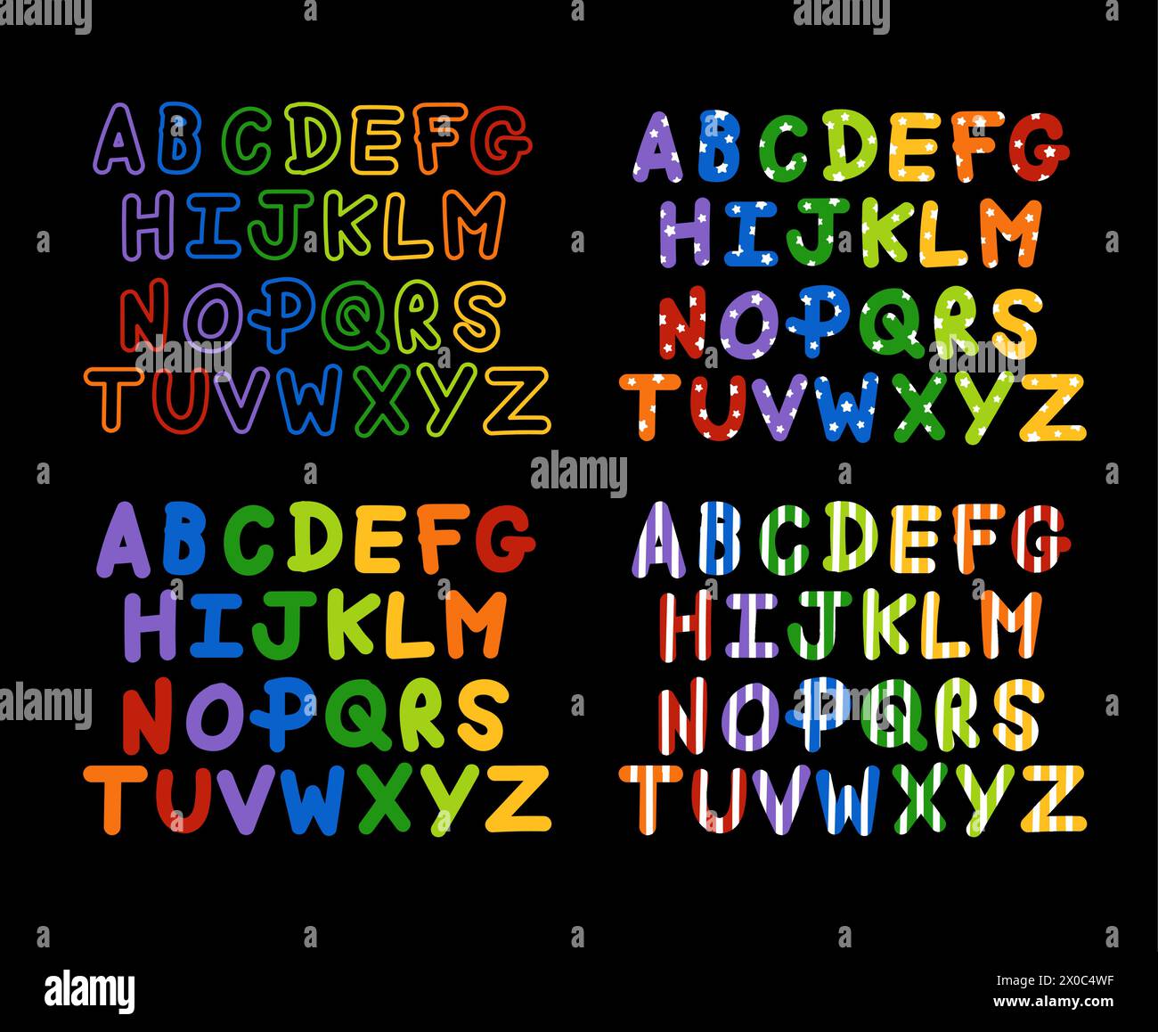 Regenbogen-Buchstaben A bis Z für bunte Schriftarten, Zeichentrickfilme, Typografie, Initialen, Aufkleber, Kampagnenlogo, Symbol, Kalligraphie, Stolz Monat Stock Vektor