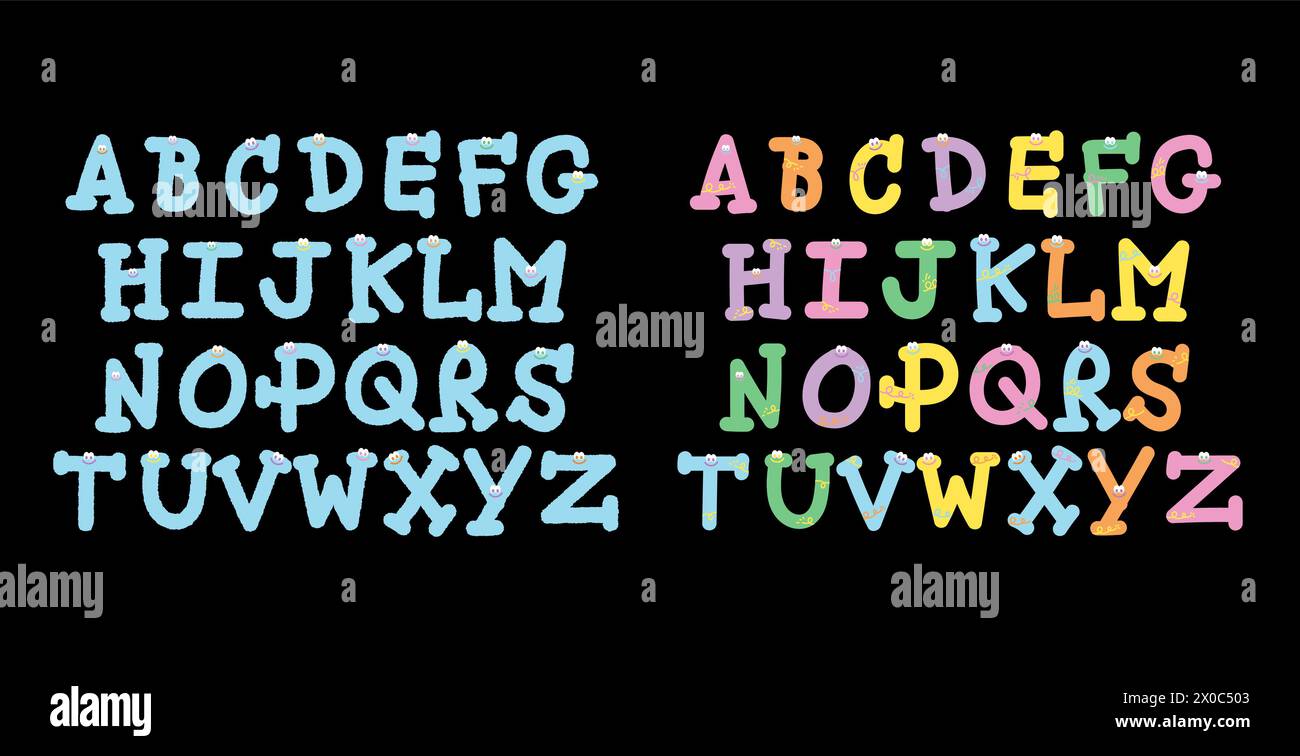 Flauschige Buchstaben A bis Z für Schriftart, Pastellelemente, Zeichentrick, Typografie, Initialen, Aufkleber, Kampagnenlogo, Symbol, Karte, Druck, Branding Stock Vektor