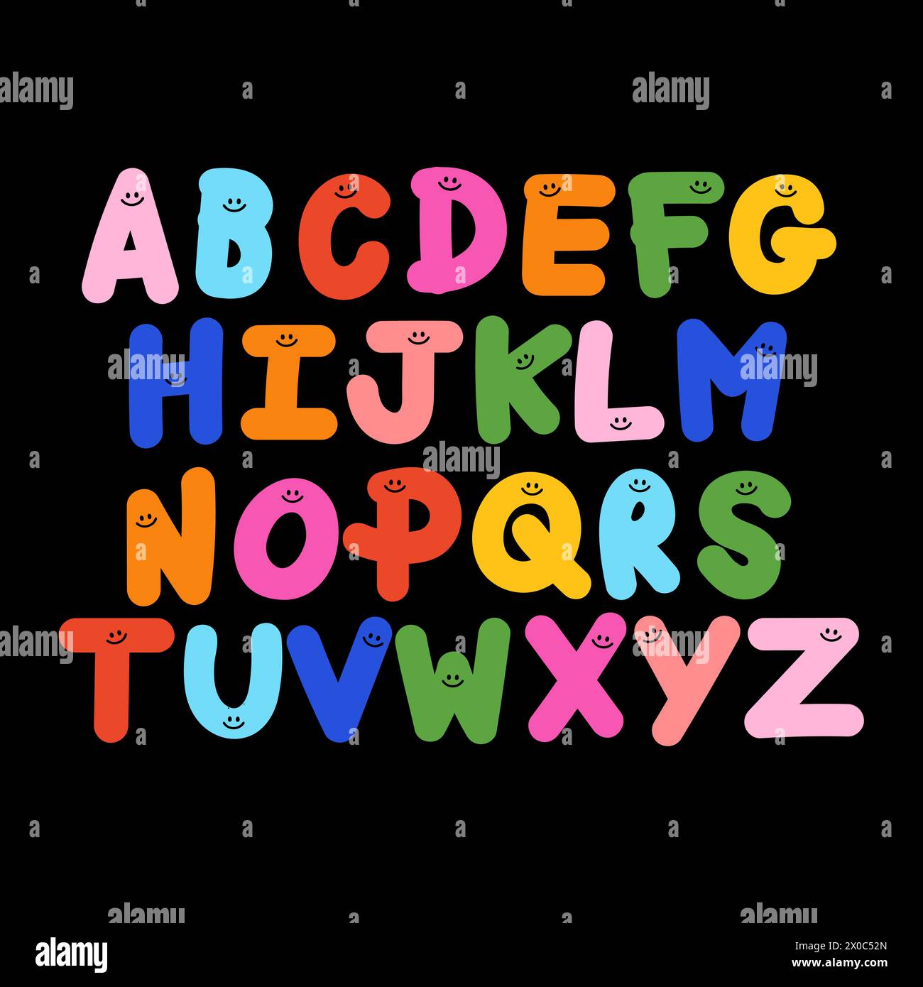 Farbenfrohe Buchstaben A bis Z für Schriftart, Stolz Monat, Zeichentrick, Typografie, Initialen, Aufkleber, Kampagnenlogo, Symbol, Karte, Druck, Branding Stock Vektor