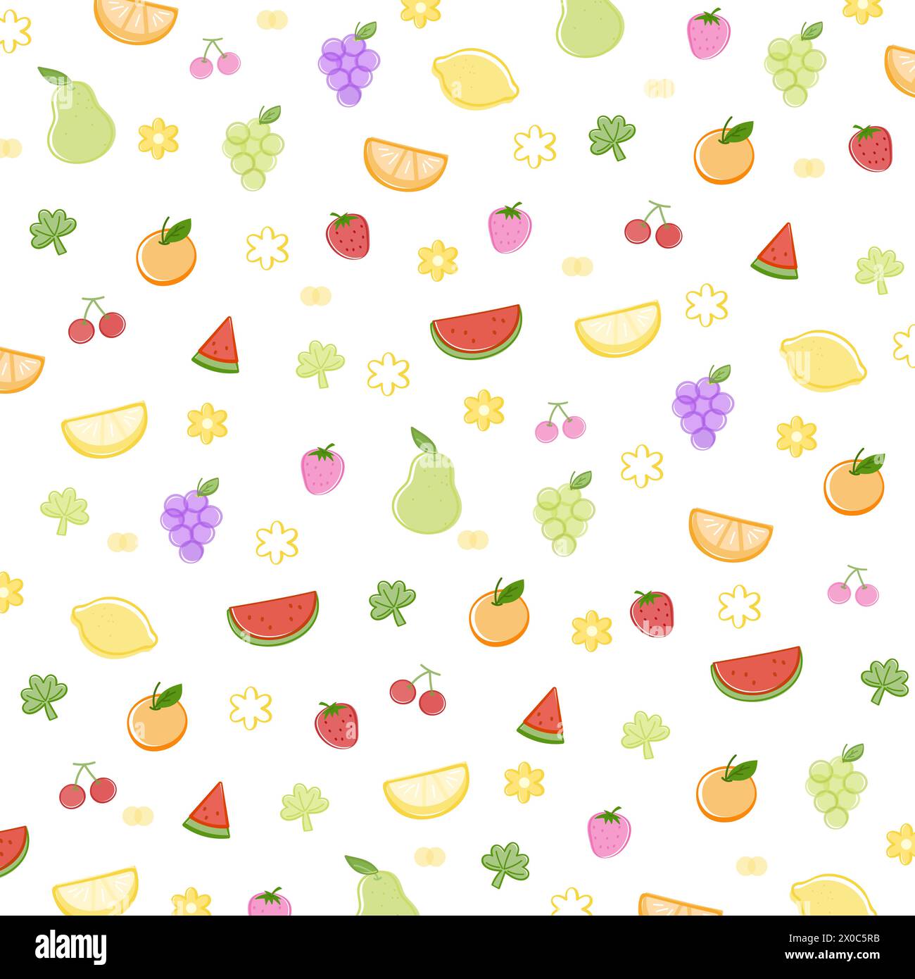 Traube, Zitrone, Wassermelone, Erdbeere, Kirsche, orangefarbener Hintergrund für Sommertapete, Stoffdruck, fruchtiges Muster, Kinderkleidung, Picknick, Supermarkt Stock Vektor