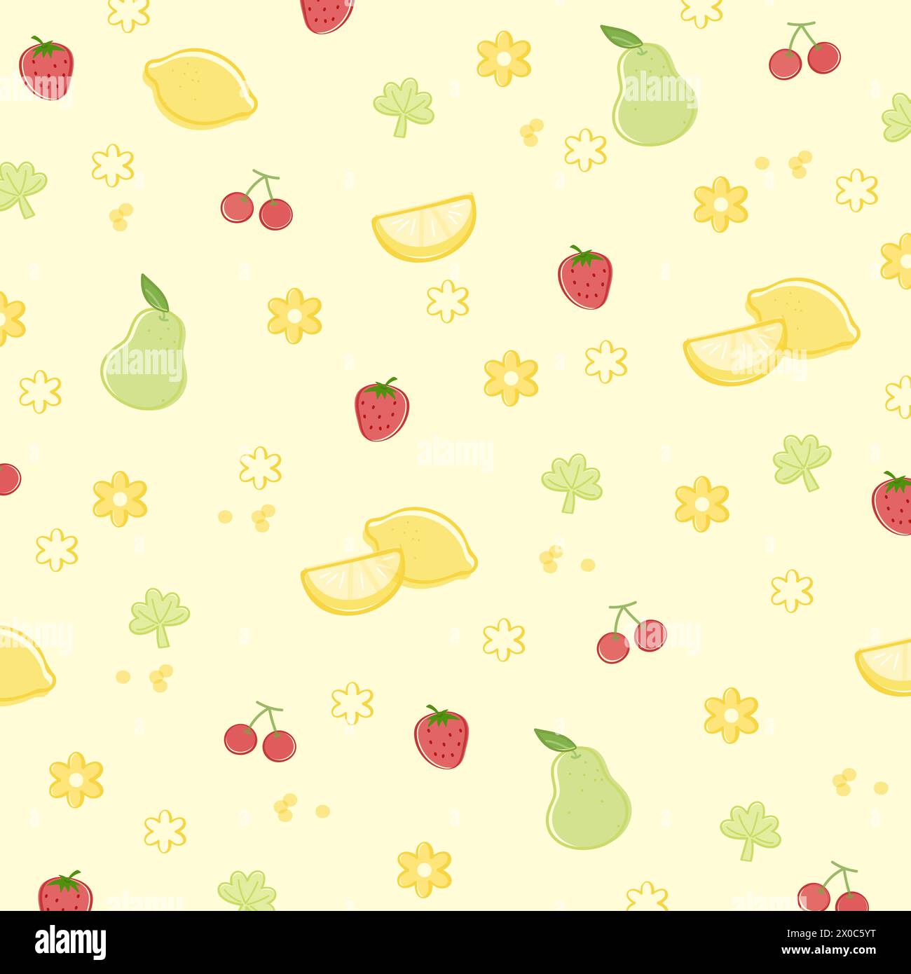 Mango, Zitrone, Erdbeere, Blume auf einem pastellgelben Hintergrund für Sommertapete, Stoffdruck, fruchtiges Muster, Kinderkleidung, Picknick, Supermarkt Stock Vektor