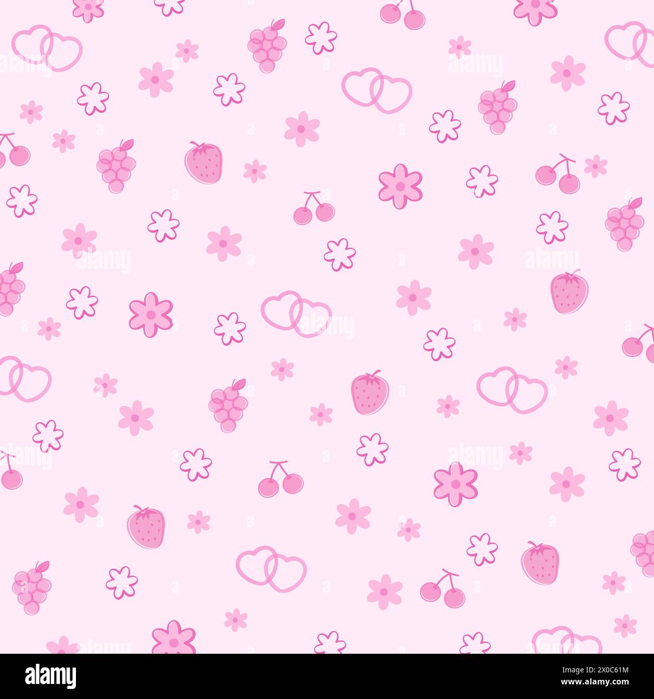 Pinkfarbene Illustrationen von Traube, Kirsche, Erdbeere, Herz auf einem pastellrosa Hintergrund für Sommertapete, Stoffdruck, fruchtiges Muster, Kinderkleidung Stock Vektor
