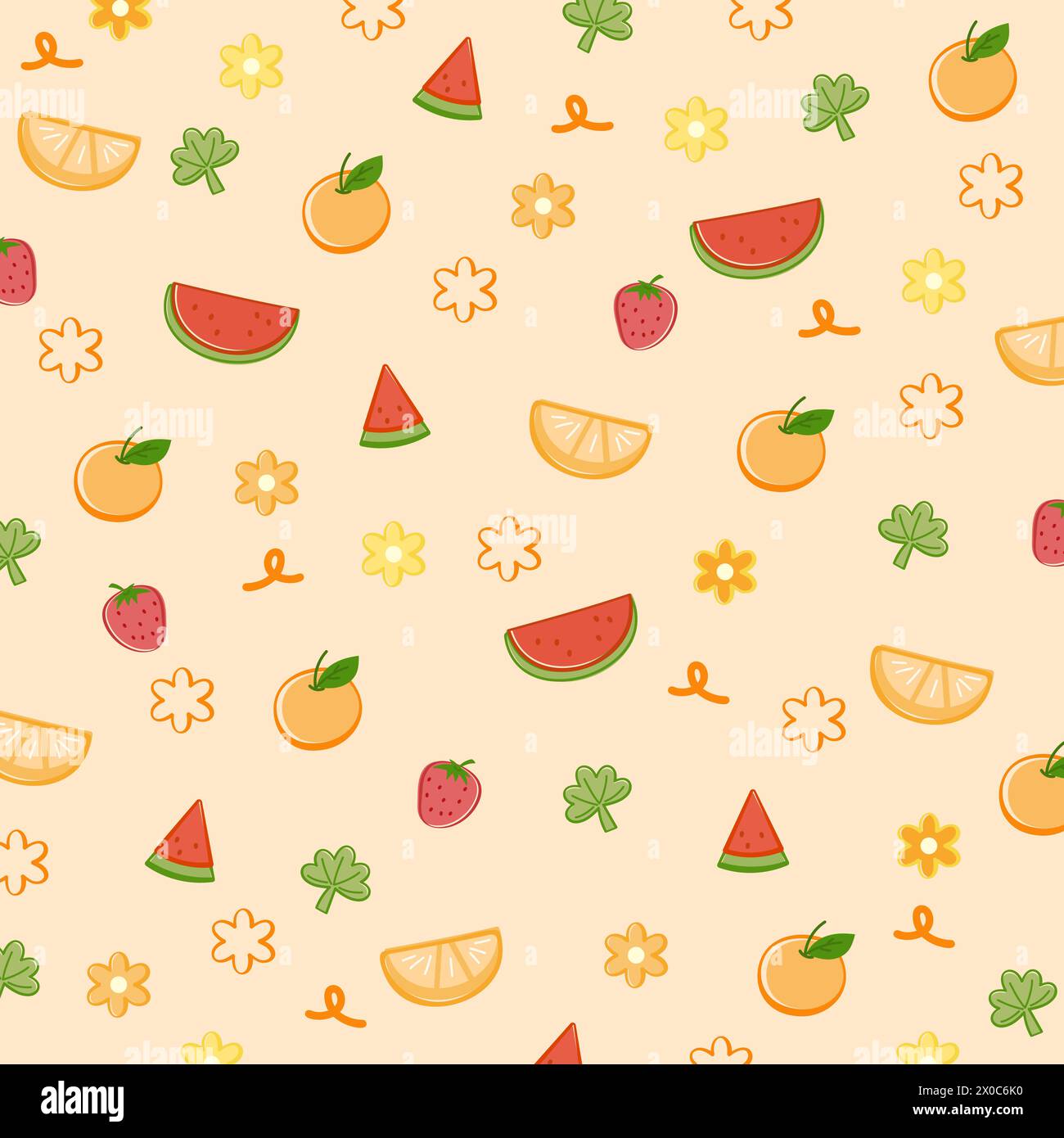 Orange, Erdbeere, Wassermelone auf einem pastellorangen Hintergrund für Sommertapete, Stoffdruck, fruchtiges Muster, Kinderkleidung, Picknick, Supermarkt Stock Vektor
