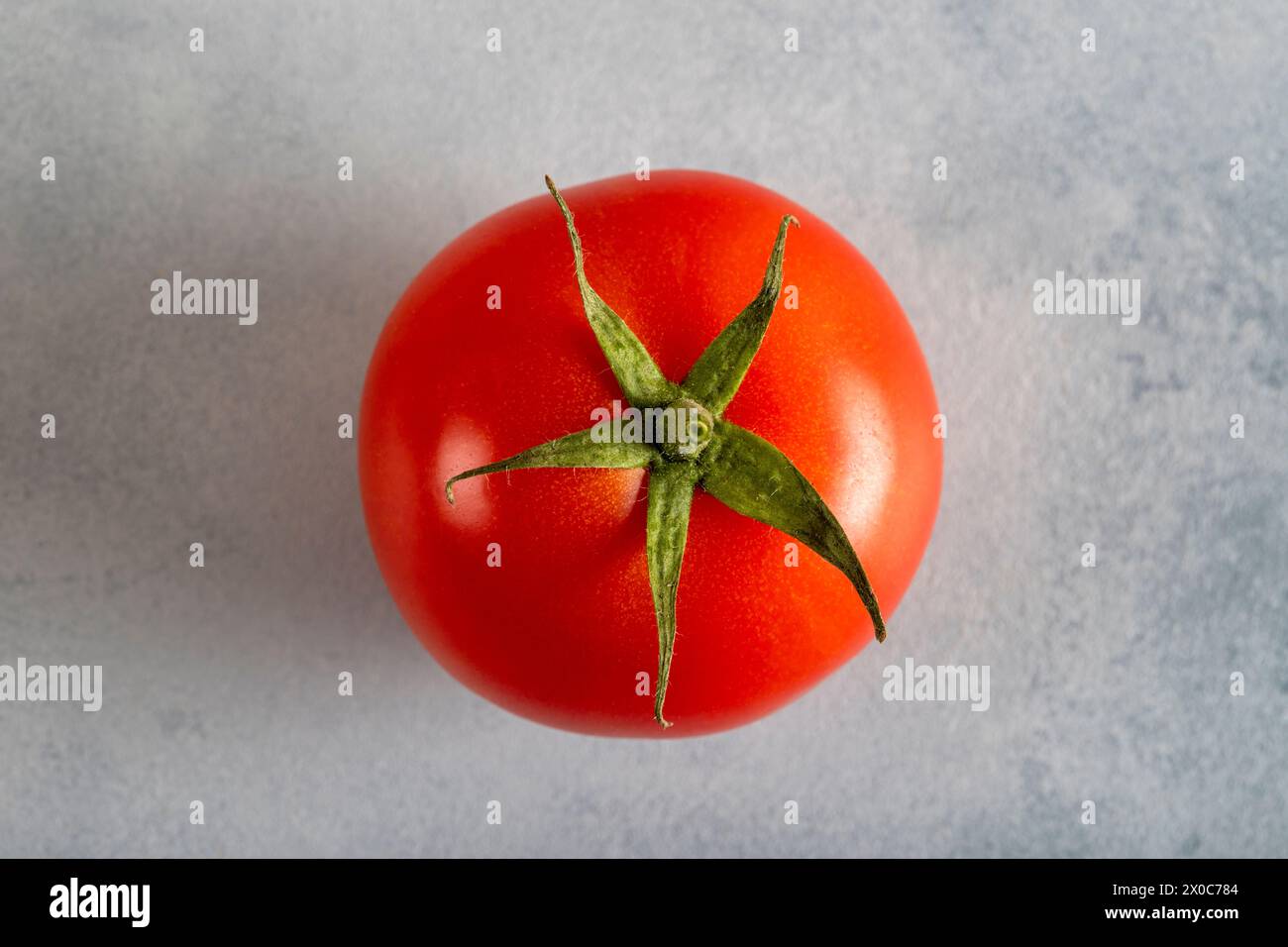 Eine rote Tomate auf hellblauem Hintergrund, Draufsicht Stockfoto