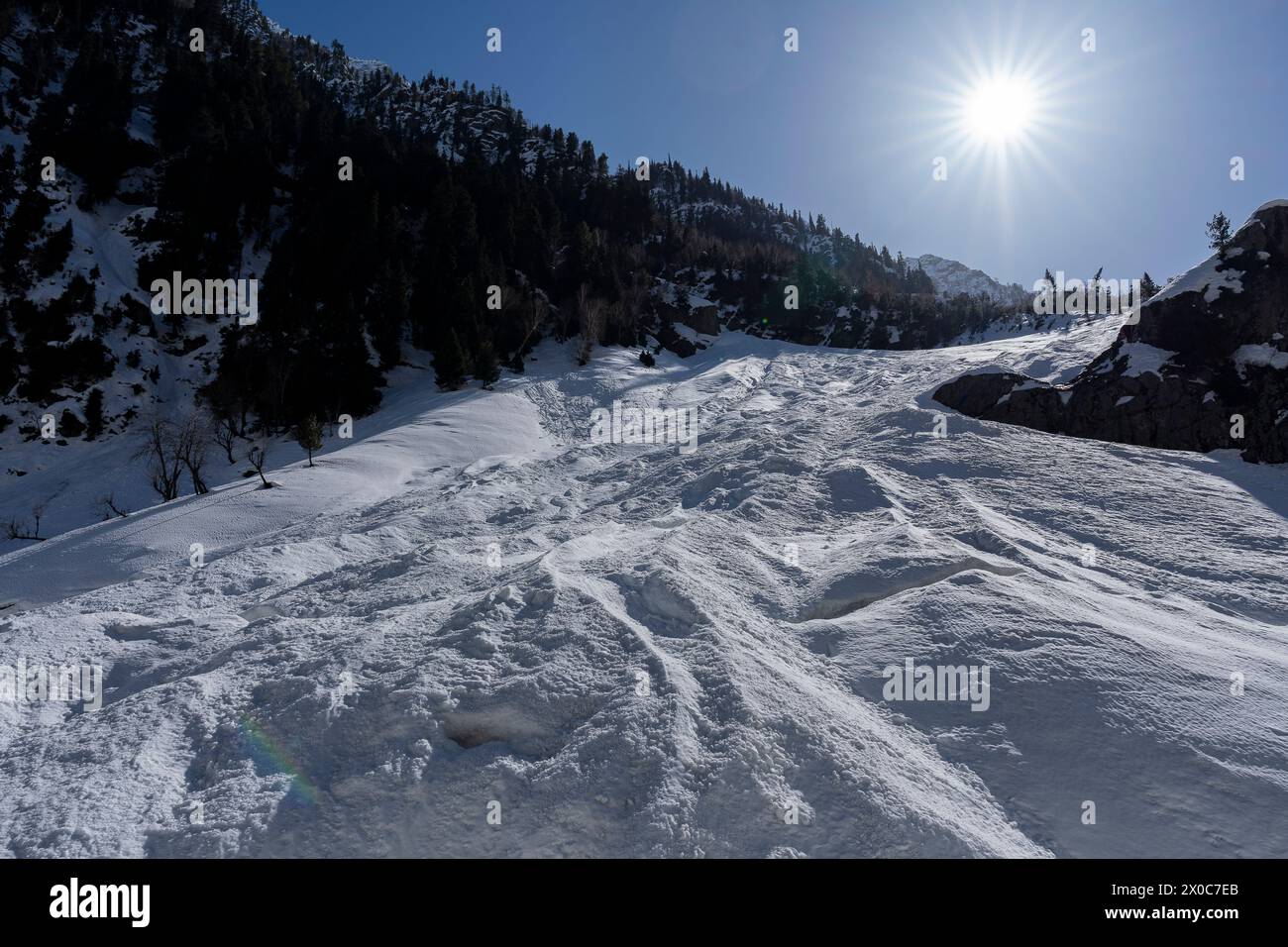 Sonnenschein auf Schnee Stockfoto