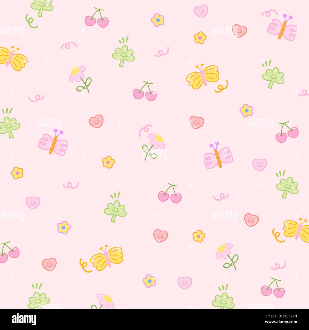 Kritzelzeichnung von Schmetterling, Blumen, Kirsche, Herz auf einem pastellrosa Hintergrund für Sommer, Tapete, Stoffdruck, niedliches Muster, Kinderkleidung Stock Vektor