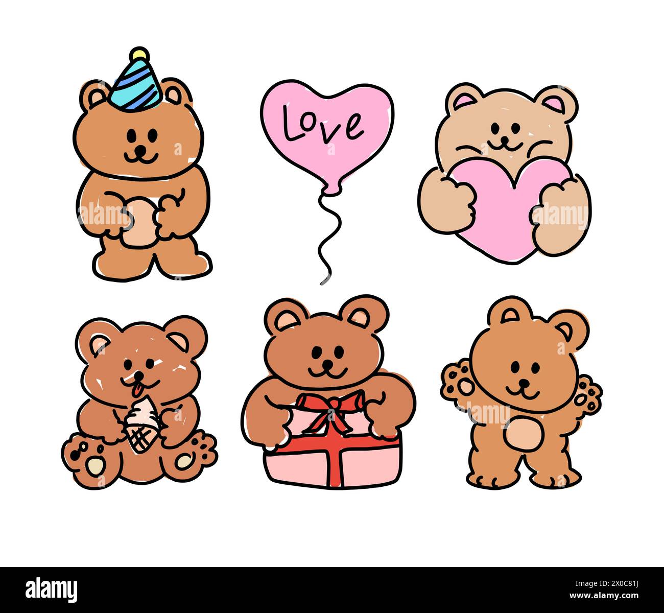 Kinderzeichnung und Kindermalerei von Teddybären für Zeichentrickfilm, Charakter, Comic, Maskottchen, Spielzeug, Tieraufkleber, Haustier, Tierarzt, Stoffdruck, Dekoration Stock Vektor