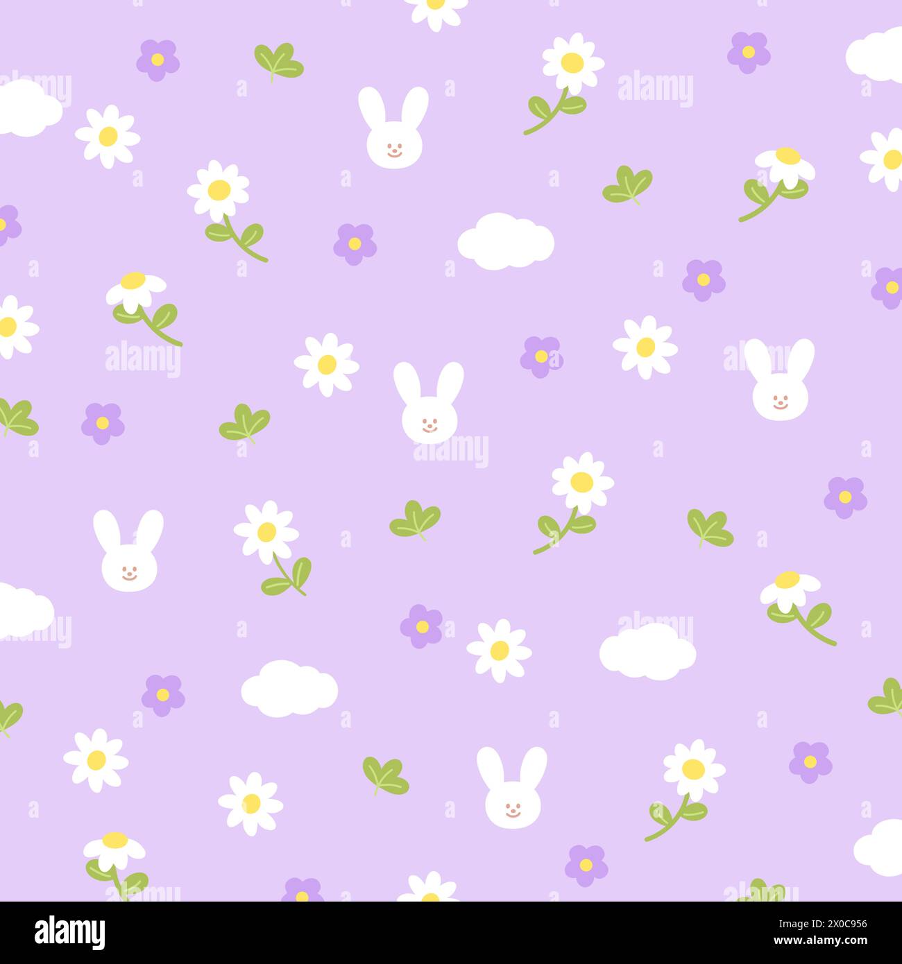 Illustration von Häschen, Blumen und Wolke auf einem pastelllila Hintergrund für Blumendruck, Stoff, Muster, Kinderkleidung, ostern, Tiertapete, Werbung Stock Vektor