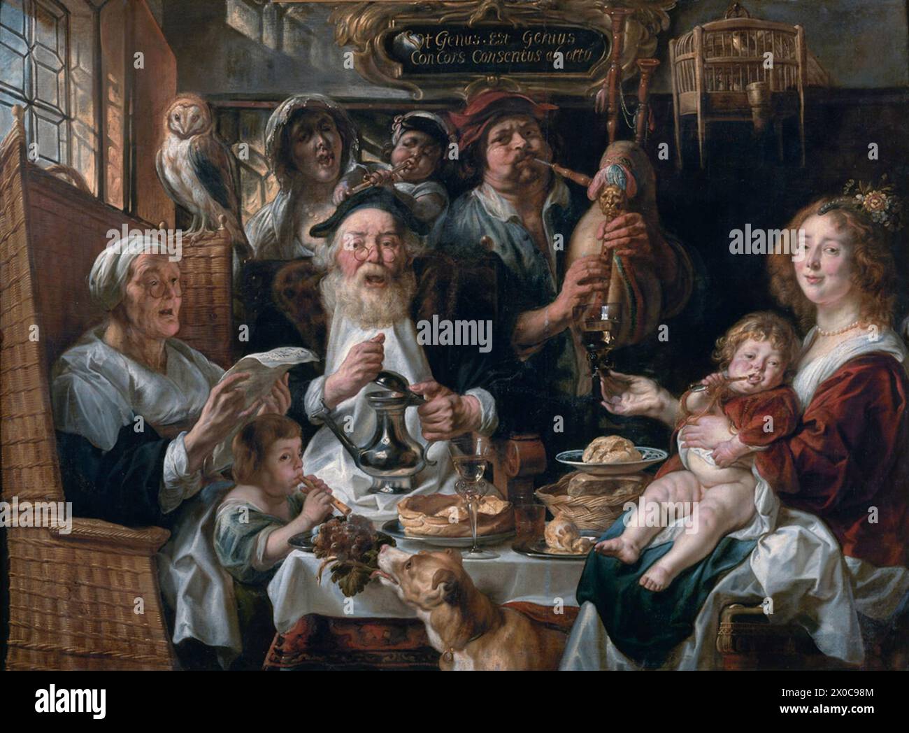 Wie die Alten singen, so die junge Pfeife Jacob Jordaens (1593–1678) Barockmalerei Stockfoto