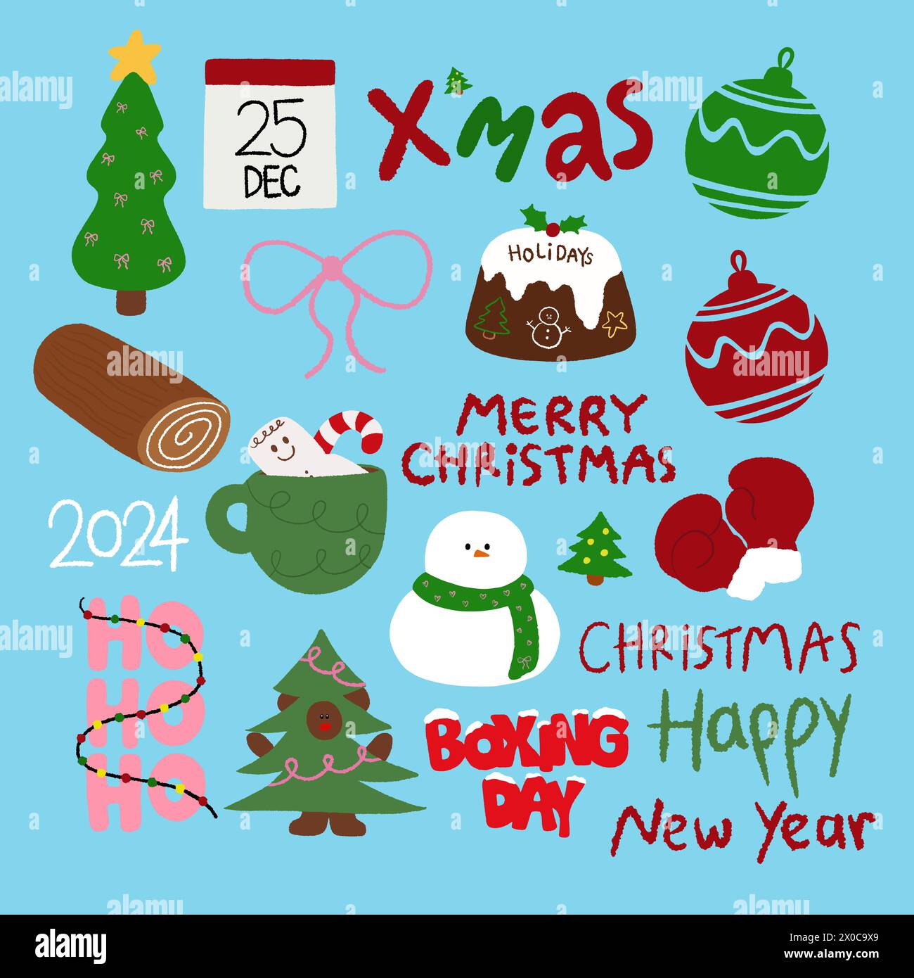 Handgezeichnete Weihnachts- und Neujahrssymbole von Weihnachtsbaum, Holzholz, Ornamenten, Kuchen, Schneemann, Handschuh, rosafarbenes Band, leicht für Winteraufkleber Stock Vektor