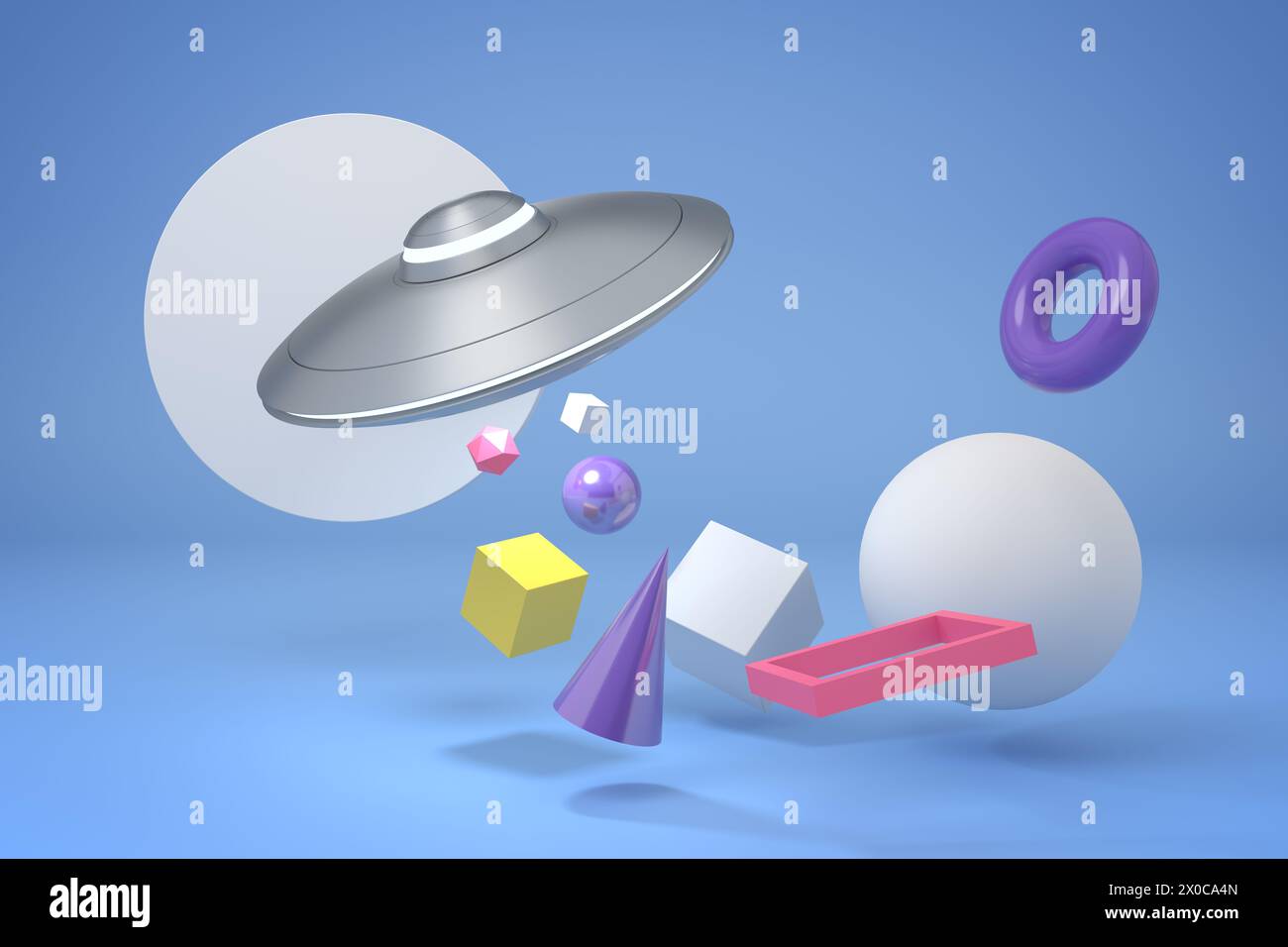 3D-UFO mit dynamischen Formen vor einem ruhigen Hintergrund Stockfoto