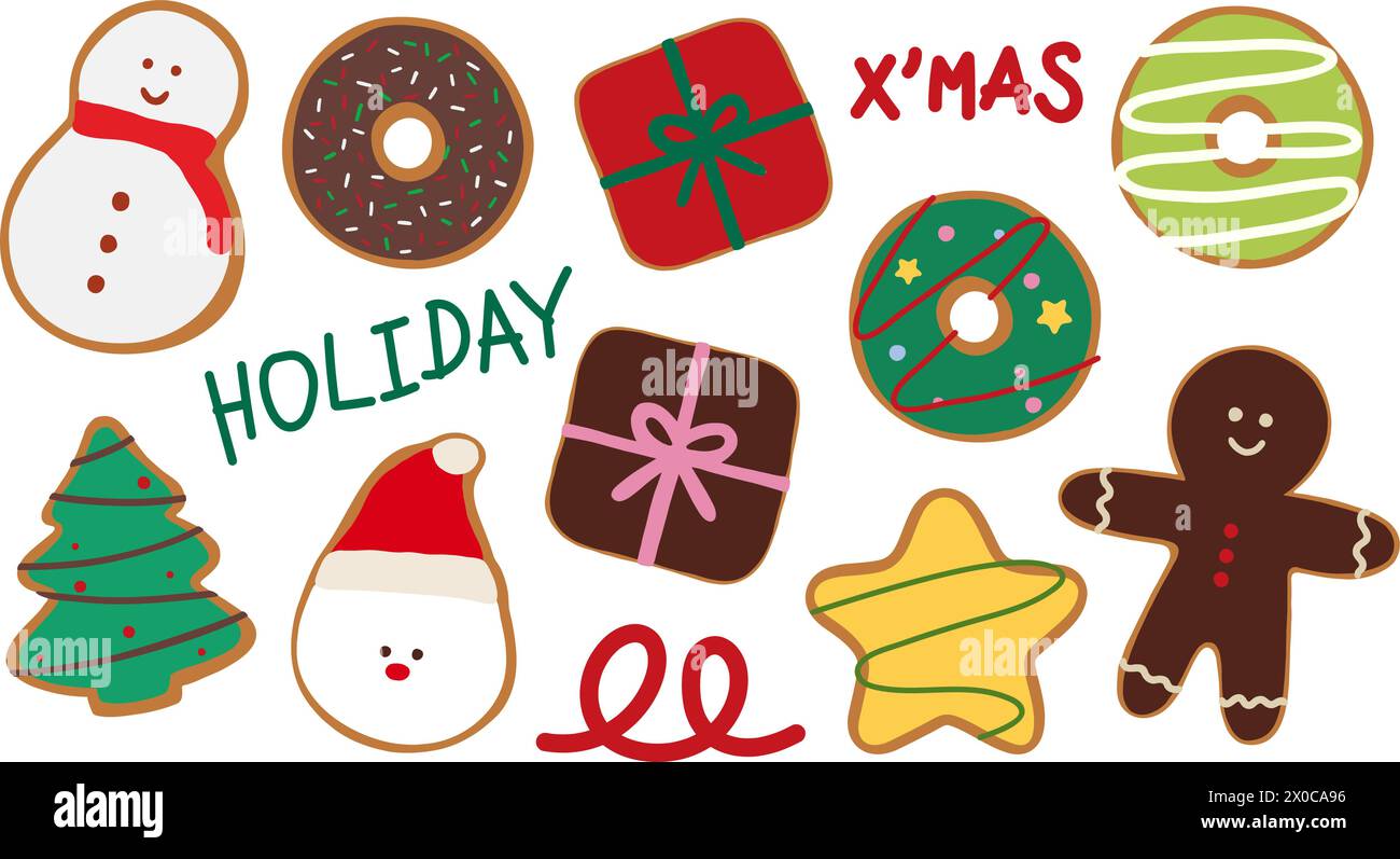 Handgezeichnete Donuts zu Weihnachten und Neujahr wie Schneemann, Geschenkbox, Lebkuchenmann, Weihnachtsbaum für Café, Bäckerei, Gebäck, Menü, Rezept, Snacks Stock Vektor