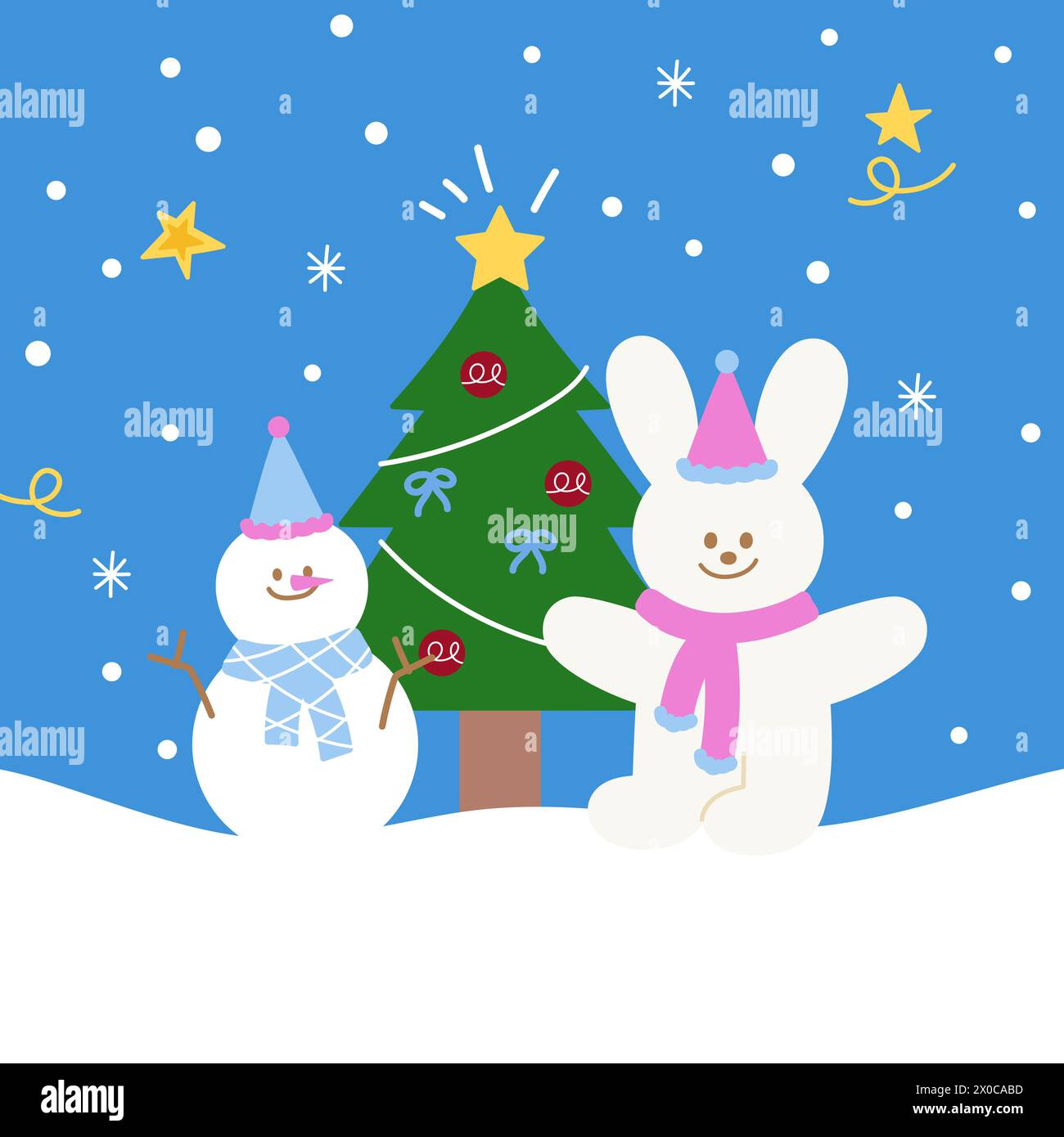 Weihnachten und Neujahr Illustrationen von Schneemann, Hase, Weihnachtsbaum, Schnee, Schneeflocke, Sternschnuppe auf pastellblauem Hintergrund für Karte, Hintergrundbild Stock Vektor