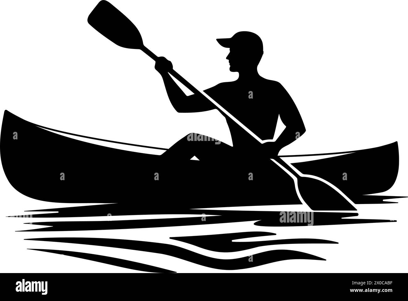 Silhouette eines Mannes, der ein Kanu auf einem See paddelt. Vektorabbildung Stock Vektor