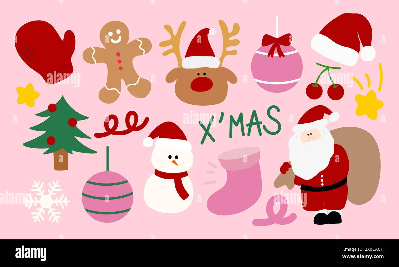 Handgezeichnete Weihnachts- und Neujahrssymbole von Santa Claus, Schneemann, Hut, Lebkuchenmann, Weihnachtsbaum, Rentier, Socke, Ornamente, Kirsche, Schneeflocke Stock Vektor