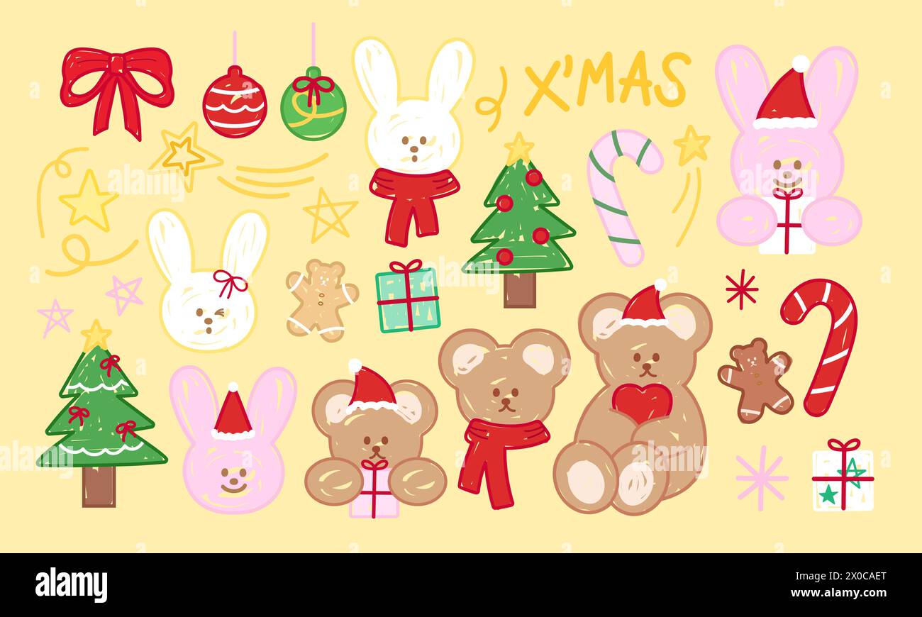 Weihnachten und Neujahr Kritzeleien von Teddybären, Häschen, Zuckerrohr, Baum, Ornamenten, rotes Band, Lebkuchenmann, Geschenkbox, Schal, Weihnachtsmütze Stock Vektor