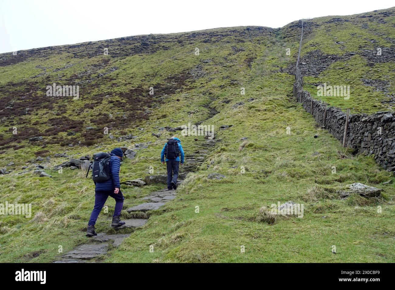 Zwei Männer (Wanderer), die auf Stone Steps auf dem 3 Peaks Path von Chapel-le-Dale zum Ingleborough Mountain im Yorkshire Dales National Park, England, wandern Stockfoto
