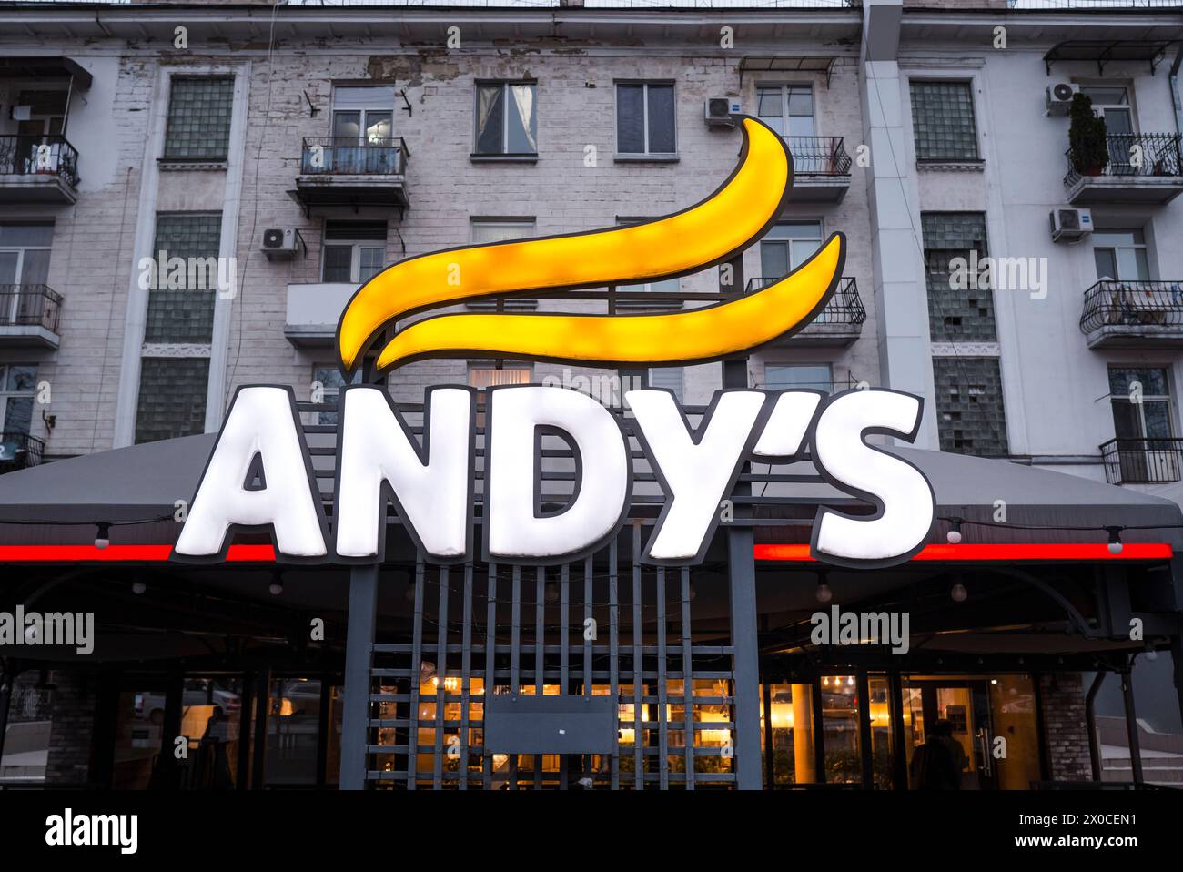 Andy's Restaurant Schild und Logo. Chisinau. Hauptstadt der Republik Moldau in Osteuropa. Patricia Huchot-Boissier / Collectif DyF Stockfoto