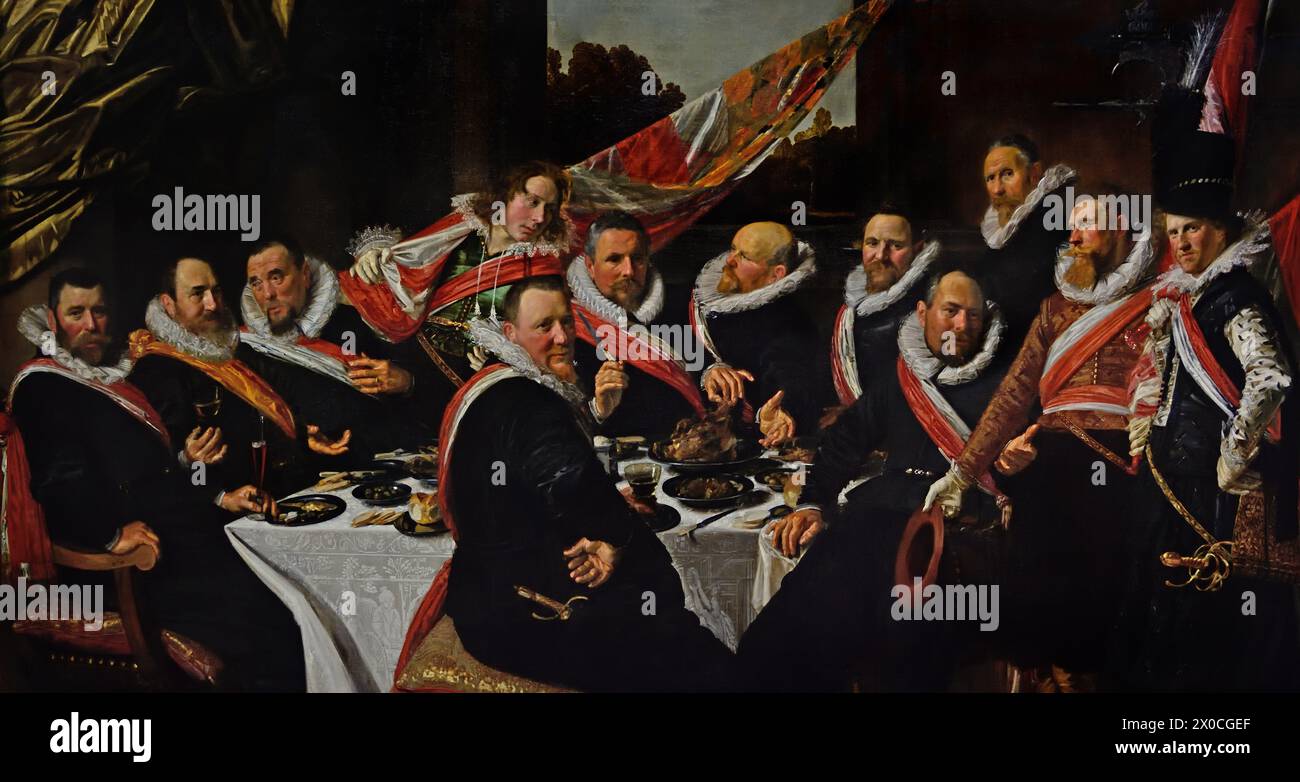 Bankett der Offiziere der Sankt-Georg-Bürgergarde 1616 von Frans Hals, 1582-1666, Antwerpen-Haarlem, Niederländisch, Niederlande, 17. Jahrhundert, niederländisches Goldenes Zeitalter ( St. George Civic Guard. Sie waren eine freiwillige paramilitärische Truppe, die sowohl die Stadt Haarlem in den Niederlanden als auch die Stadt Haarlem schützte. ( Er malte lebhafte, manchmal sogar fröhliche Porträts von Menschen aller Ebenen der Gesellschaft, wichtigen Menschen, frechen Kindern und sogar Betrunkenen oder Menschen, die für verrückt erklärt wurden. ) Bankett DER Offiziere DER St. George CIIVIC Garde 1616 Stockfoto