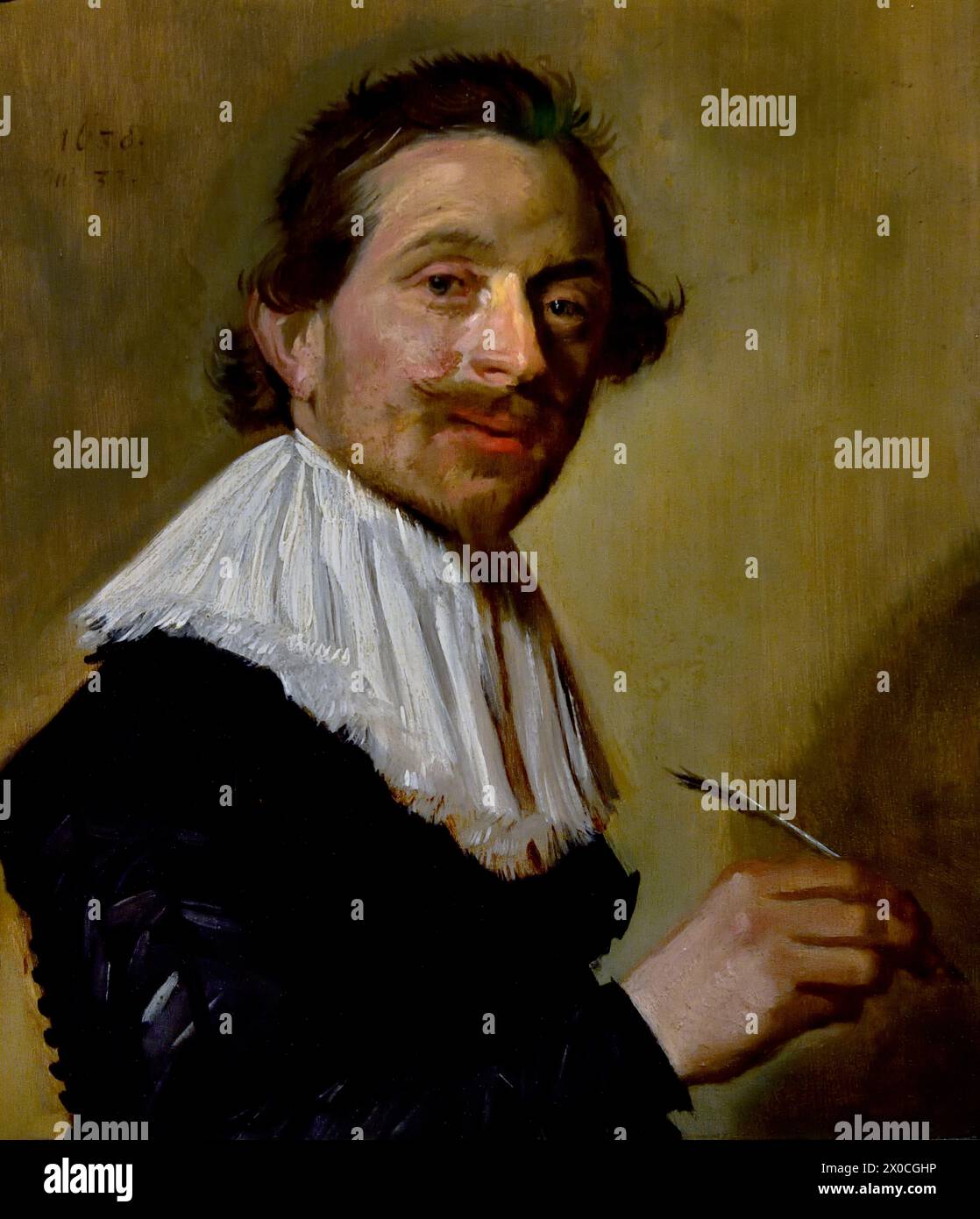 Porträt von Jean de la Chambre im Alter von 33 Jahren ( Distinguished Calligraph and Master of the French School in Haarlem ) Frans Hals, 1582–1666, Antwerpen-Haarlem, Niederländisch, Niederlande, 17. Jahrhundert, niederländisches Goldenes Zeitalter ( Er malte lebendige, manchmal sogar fröhliche Porträts von Menschen aller Ebenen der Gesellschaft, wichtigen Menschen, frechen Kindern und sogar Betrunkenen oder Menschen, die für verrückt erklärt wurden. ) Stockfoto