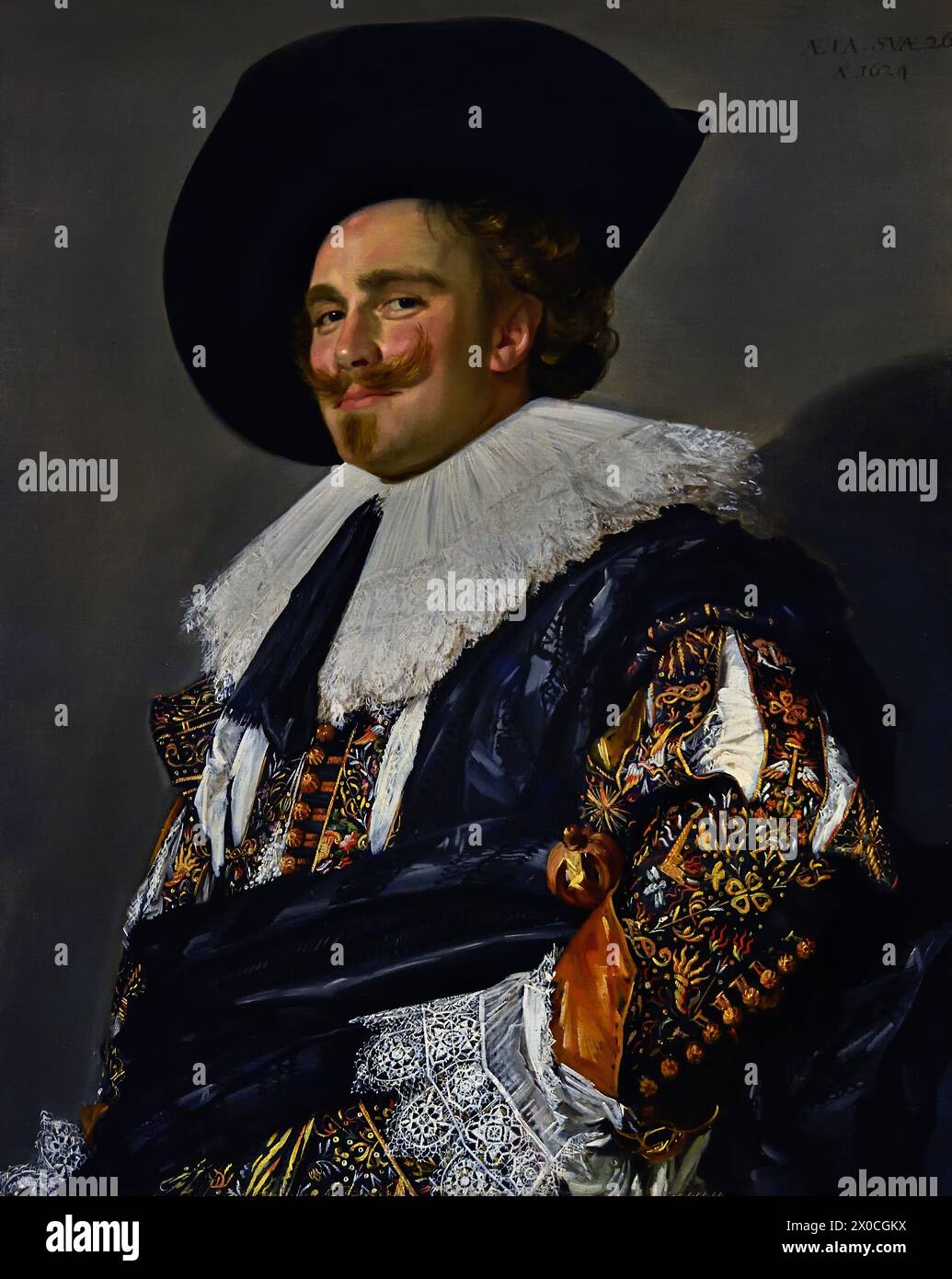 The Laughing Cavalier Frans Hals, 1582-1666, Antwerpen-Haarlem, Niederländisch, Niederlande, (1624) , 17. Jahrhundert, niederländisches Goldenes Zeitalter ( Er malte lebendige, manchmal sogar fröhliche Porträts von Menschen aller Gesellschaftsschichten, wichtigen Menschen, frechen Kindern und sogar Betrunkenen oder Menschen, die für verrückt erklärt wurden. ) Stockfoto