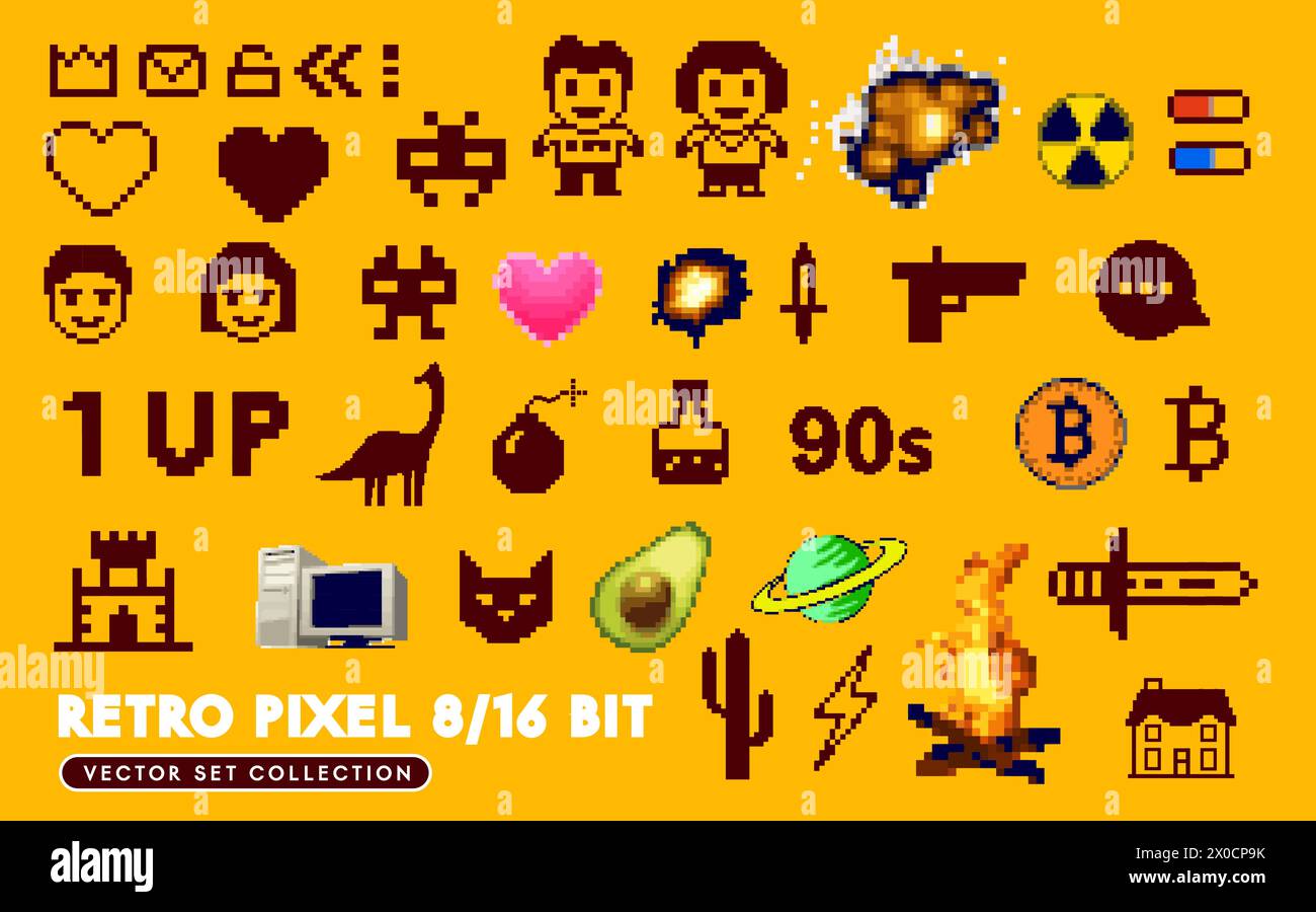 Eine Sammlung von 8/16 Bit Retro 90 Pixelzeichen, Buchstaben und Symbolen. Vektorabbildung Stock Vektor