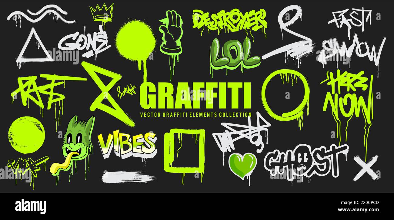 Ein Vektorsatz von Graffiti-Elementen mit Grunge-Textur-Tags und -Zeichen. Vektorabbildung Stock Vektor