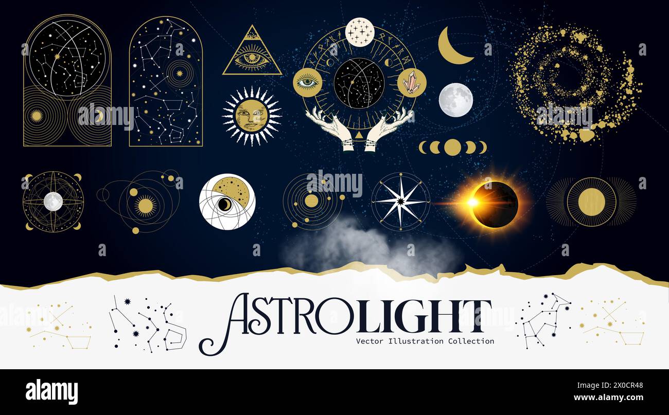 Geheimnisvolle Sternzeichen- und Astronomiezeichen und -Symbole Sammlung, die sich auf die Bewegung von Sternen, Planeten und Raumzeit beziehen. Stock Vektor