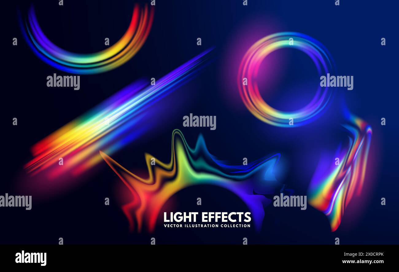 Transparente Vektorlinsen mit regenbogenförmigen Lichteffekten. Vektorillustration für Spezialeffekte. Stock Vektor