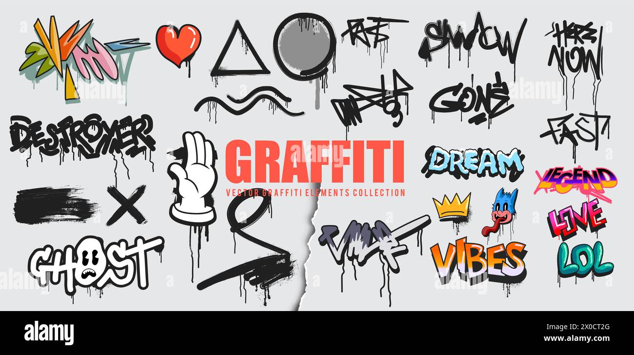 Eine Vektorserie von Graffiti-Elementen mit Grunge-Textur-Tags und -Zeichen. Vektorabbildung Stock Vektor