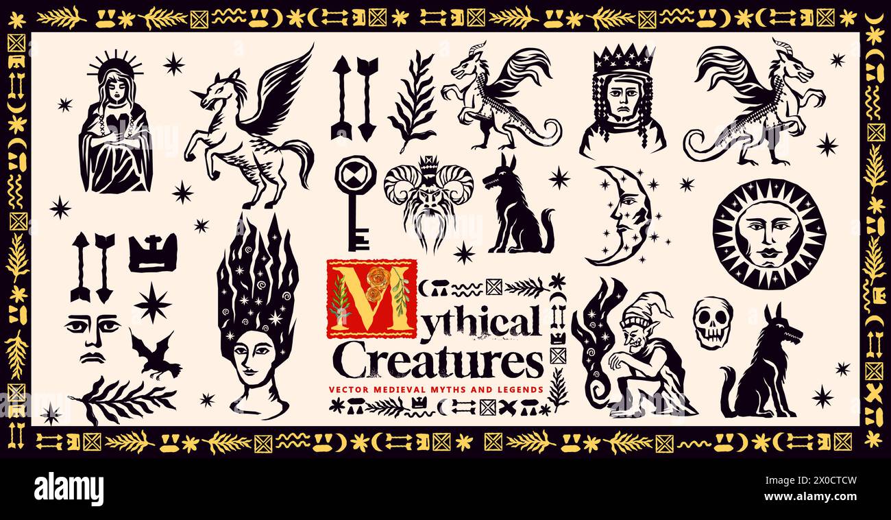 Eine Sammlung mittelalterlicher Linolschnitte, in denen mythische Kreaturen und Legenden mit Drachen und Kobolden graviert sind. Vektorabbildung Stock Vektor