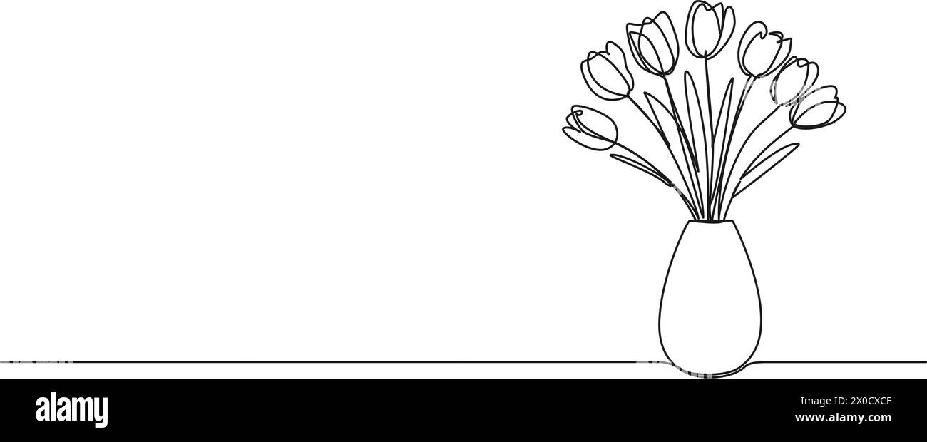 Durchgehende einzeilige Zeichnung von Tulpen in Blumenvase, Linie Art Vektor Illustration Stock Vektor