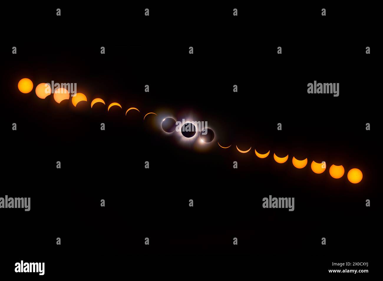 Phasenausrichtung der totalen Sonnenfinsternis vom ersten Kontakt zur Totalität. Stockfoto