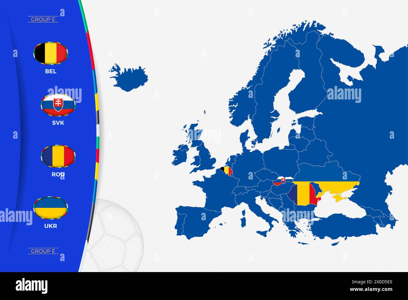 Europakarte mit markierten Karten der Länder, die an der Gruppe E des europäischen Fußballturniers 2024 teilnehmen. Flags-Symbol der Gruppe E.. Stock Vektor