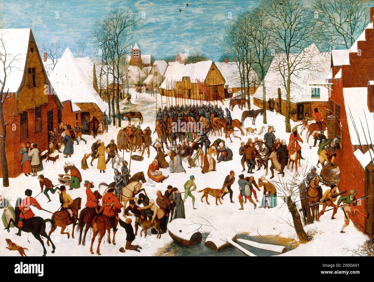 Die auf Eichenholz gefertigten Versionen des Massakers der Unschuldigen wurden von den niederländischen Malern Pieter Bruegel dem Älteren und seinem Sohn Pieter Brueghel dem Jüngeren des 16. Jahrhunderts gemalt. Stockfoto