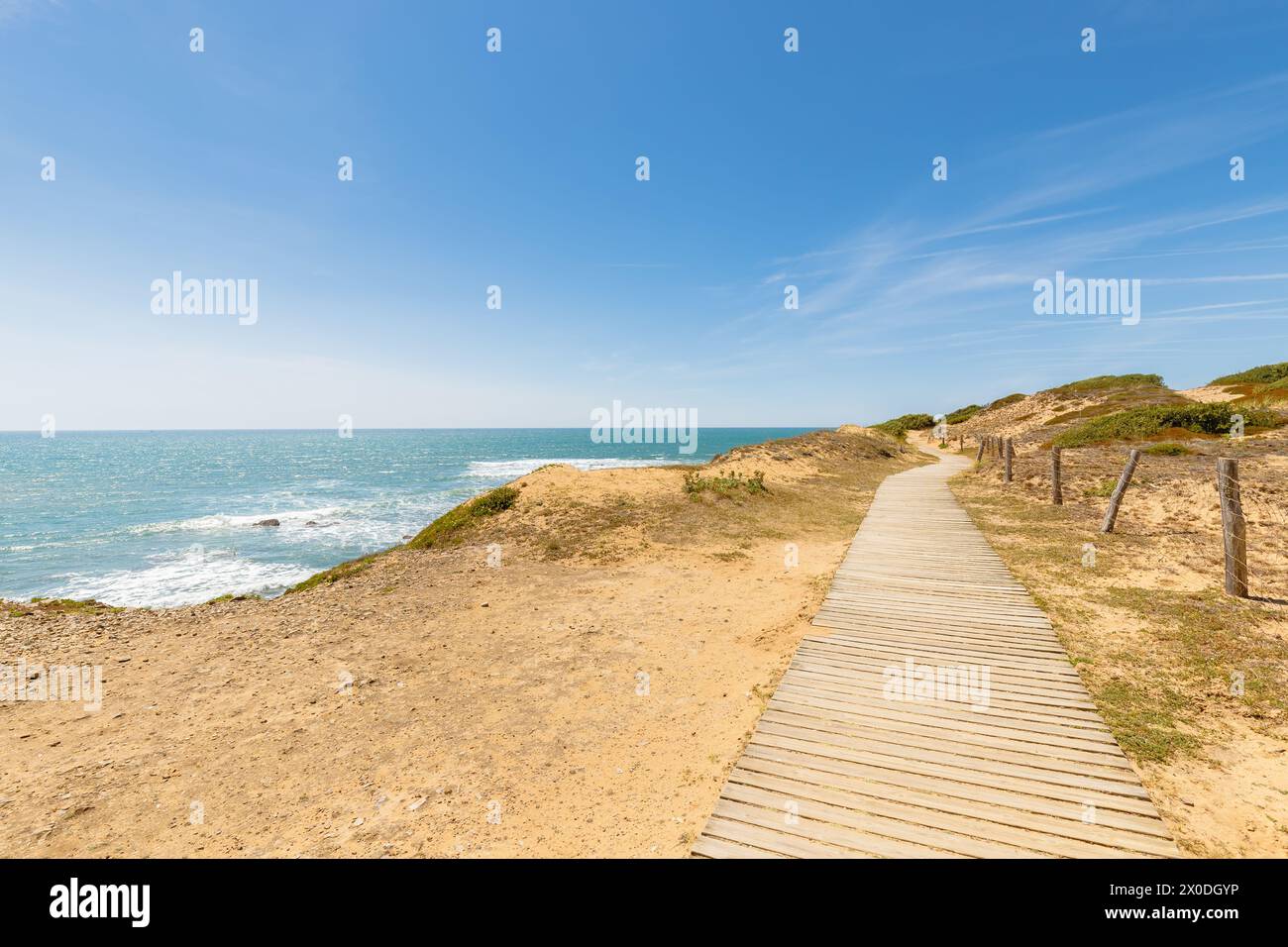 Blick auf den Strand Pointe du Payre, Jard sur Mer, Frankreich an einem Sommertag, Vendée, Frankreich Stockfoto