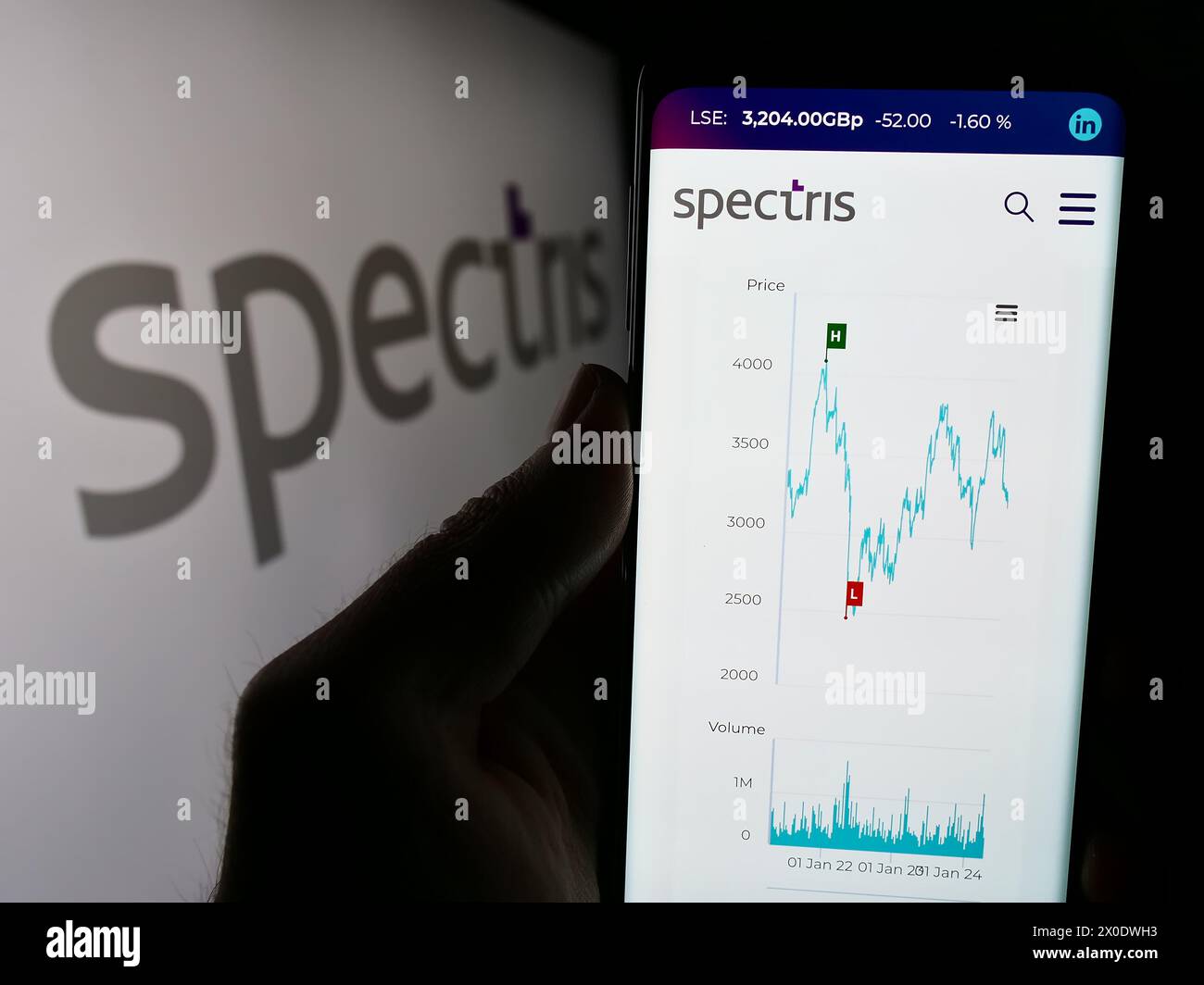 Person, die ein Handy hält, mit Webseite des britischen Präzisionsinstrumentationsunternehmens Spectris plc mit Logo. Konzentrieren Sie sich auf die Mitte des Telefondisplays. Stockfoto