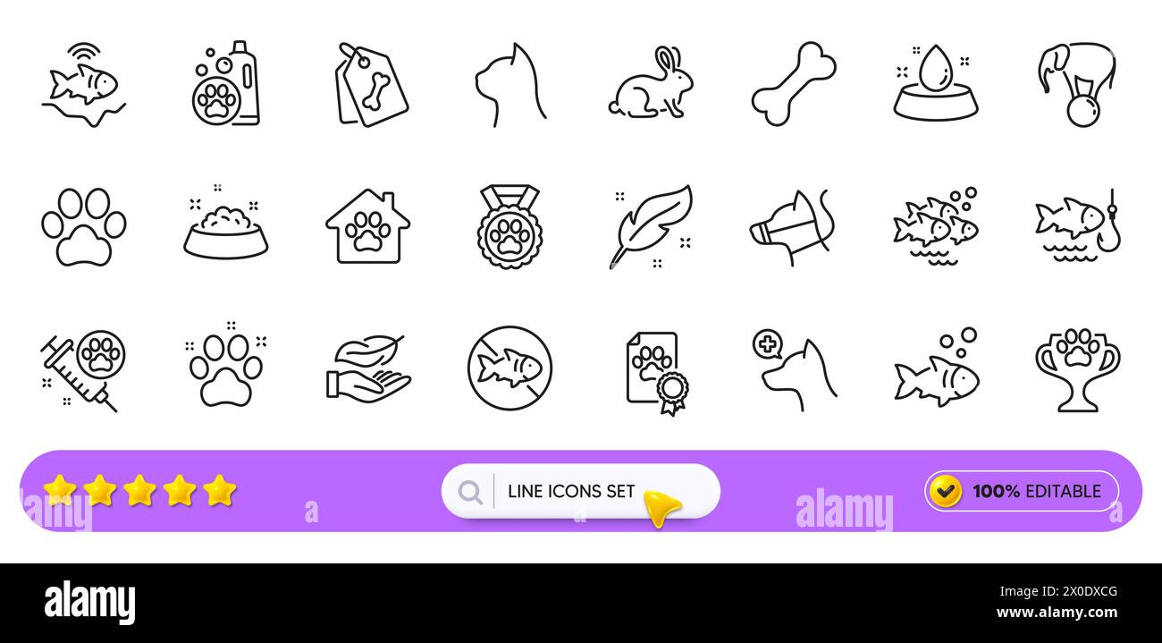 Federn, Elefanten auf Ball und Fischlinien für die Web-App. Piktogramsymbol. Zeilensymbole. Vektor Stock Vektor