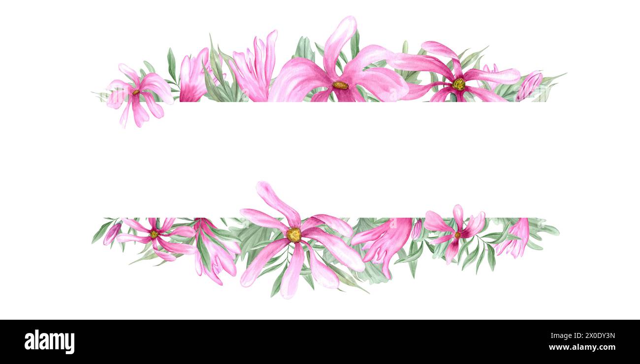 Abstrakte rosa Blüten. Grüne Blätter und Magnolienblüten. Oleanderzweige. Horizontaler romantischer Rahmen mit Kopierraum für Text. Stockfoto
