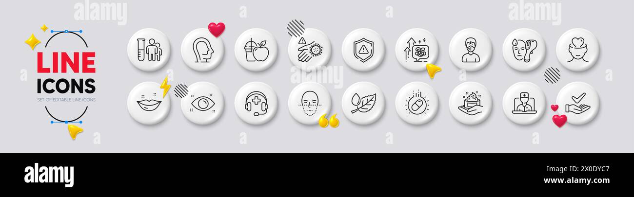 Shield, Medical Analyses und Electronic Thermometer Line Symbole. Für Web-App drucken. Weiße Tasten 3D-Symbole. Vektor Stock Vektor