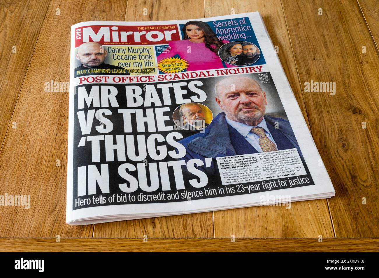 10. April 2024. Schlagzeile in Daily Mirror ist: Post Office Skandal Inquiry. Mr. Bates gegen die "Gangster in Anzügen". Stockfoto