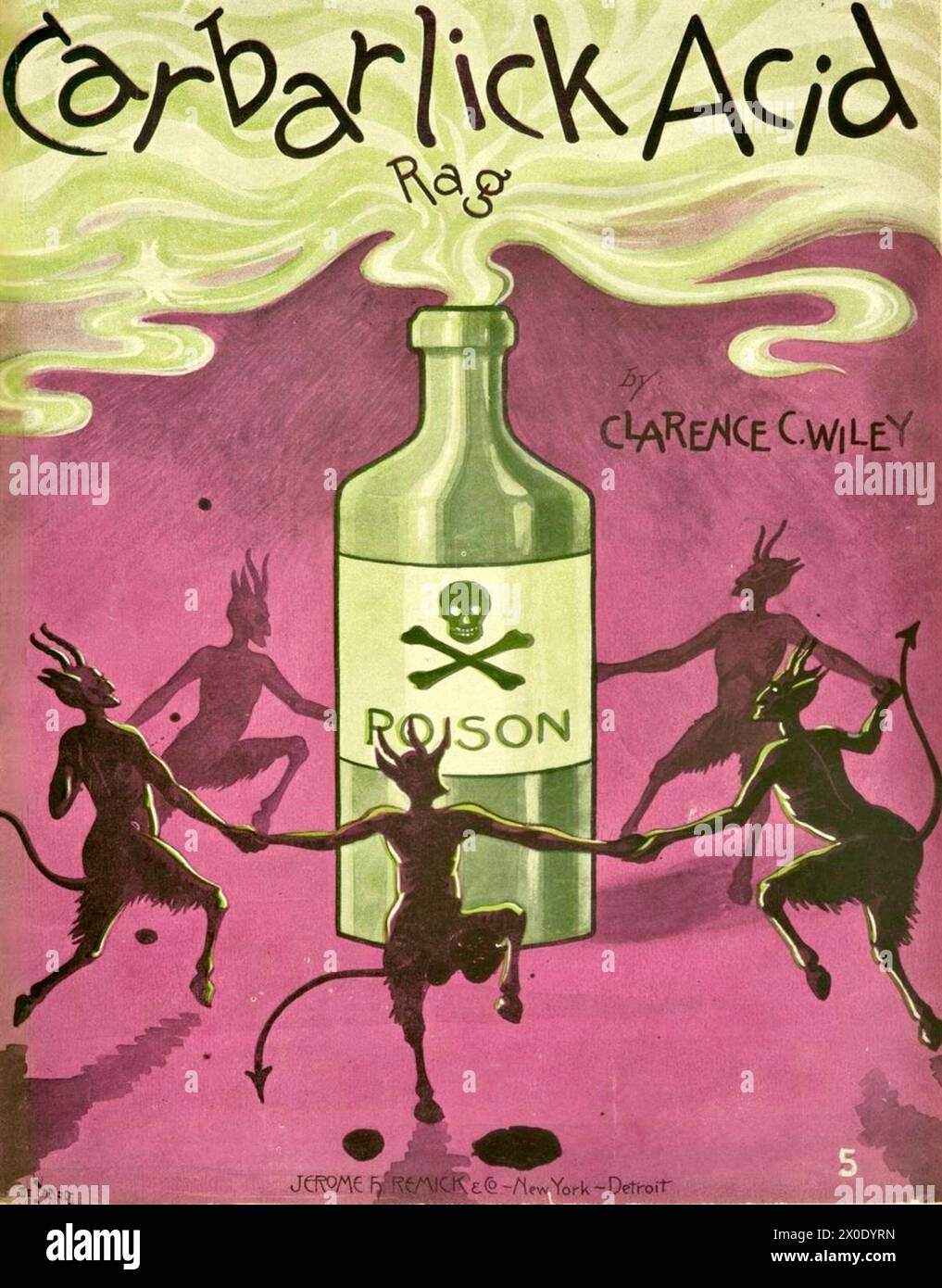 André de Takacs (Ungarisch-amerikanischer Künstler) - Carbarlick Acid Rag - 1904 - Cover mit Teufeln, die um eine Flasche Gift tanzen. Stockfoto